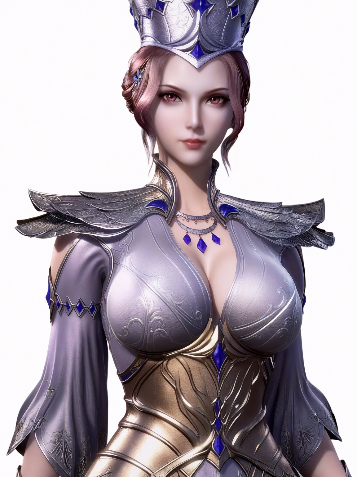 score_9,<lora:SF_BiBiDong_Pony_Realism2.3-000004:0.7>,hair ornament,dress,1girl,breasts,large breasts,armor,solo,looking at viewer,white background,simple background,cowboy_shot,