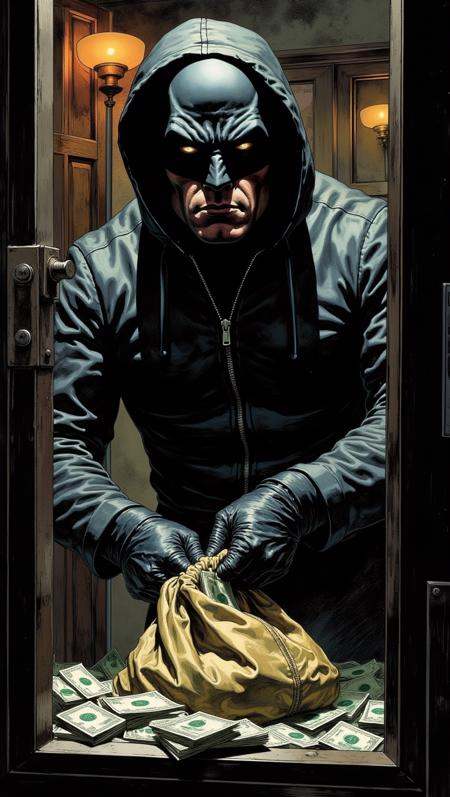 A lone bank robber,  clad in a black mask and leather gloves,  stands over an open vault filled with cash. His eyes gleam...