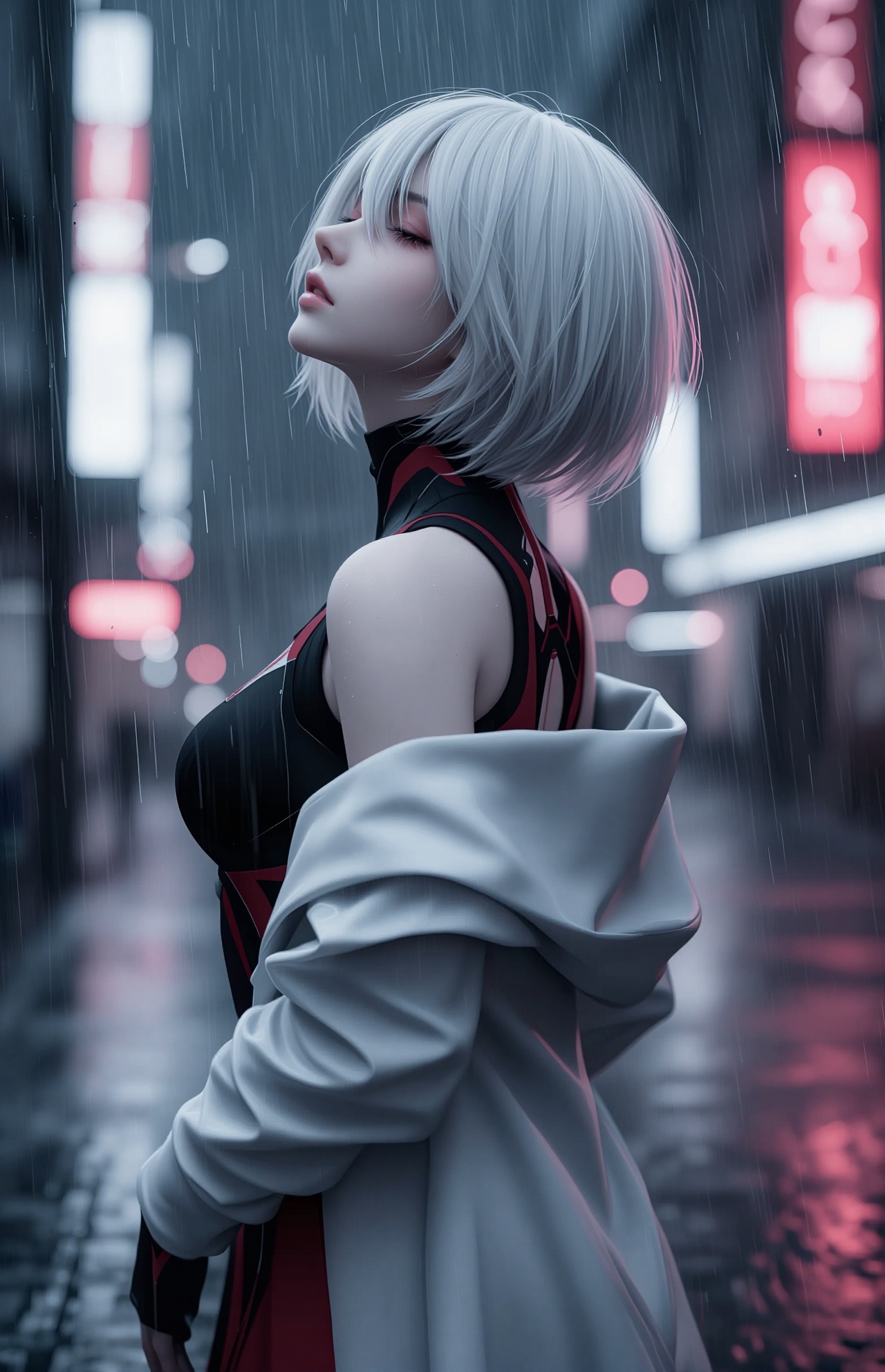YY Anime style,This is a digital artwork in a cyberpunk style, featuring a young woman with pale skin and short, white hair. She is depicted in a side profile, looking upwards with a pensive expression. Her eyes are closed, and she has a delicate, almost ethereal face with subtle makeup. She is wearing a black, sleeveless top with red accents and a high collar, which is partially covered by a white, off-the-shoulder jacket that is slipping down her arm. The jacket has a slightly glossy texture, contrasting with the matte finish of her top.The background is a rainy urban night scene, with blurred, neon-lit billboards in red and white that create a sense of depth and motion. The rain is depicted with detailed droplets on the glass-like surface in the foreground, adding a sense of realism and texture. The lighting is dim, with the neon signs providing the primary illumination, casting a cool, bluish-gray hue over the entire scene. The overall mood is melancholic and reflective, with a strong emphasis on the contrast between the character's pale skin and the dark, gritty background. The artist has used a realistic yet stylized approach, characteristic of cyberpunk aesthetics.
