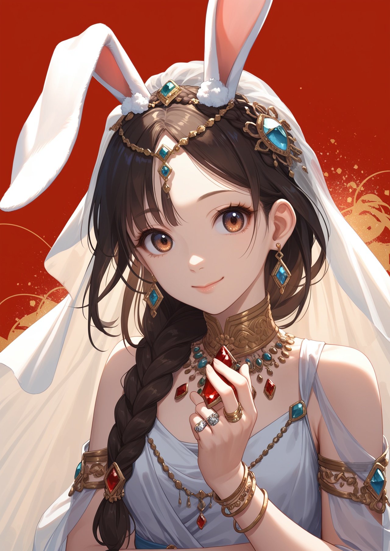 score_10,score_9,score_8_up,score_7_up,1girl,jewelry,solo,ring,rabbit ears,animal ears,gem,braid,long hair,earrings,bracelet,hair ornament,upper body,smile,black hair,looking at viewer,veil,brown hair,single braid,dress,red background,lips,closed mouth,looking_at_viewer,eye-contact,