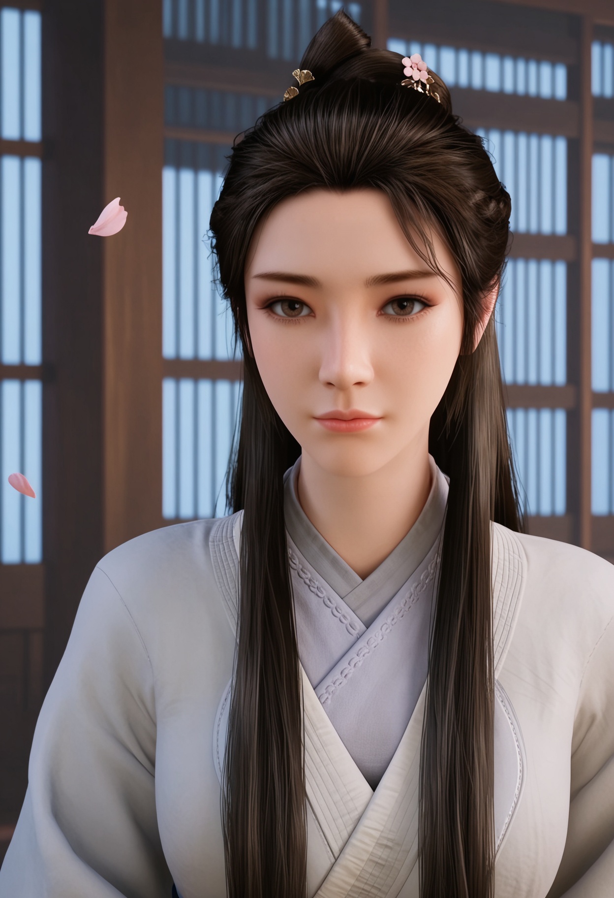 (upper_body:1.2),(looking at viewer:1.1),masterpiece,(best quality),smog,Dark room,dim lighting,peach blossom,falling petals,<lora:YQ_Illustrious光辉v5_辛如音_V1:0.8>,q1528437228,1girl,solo,long hair,chinese clothes,hanfu,white dress,black hair,brown hair,hair ornament,brown eyes,sash,hair bun,hair flower,black eyes,braid,ponytail,forehead,jewelry,