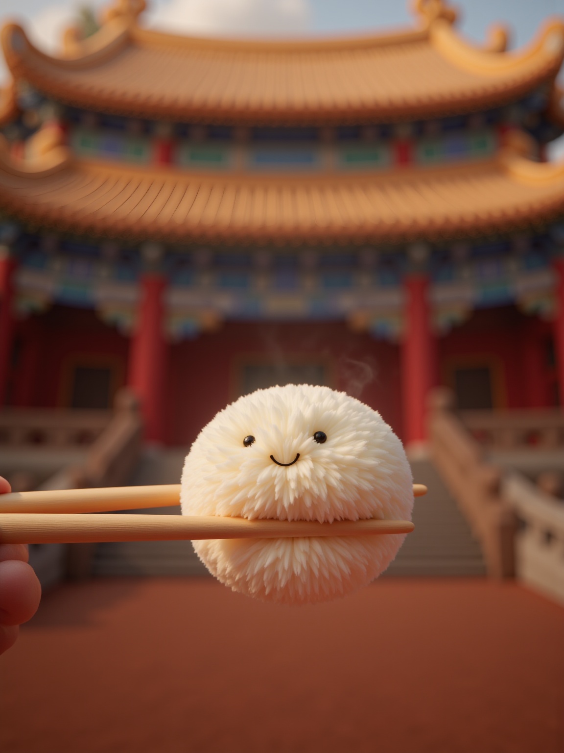 YY_plush,A pair of wooden chopsticks holding a fluffy steamed bun with a smiling face, set against the backdrop of traditional Chinese architecture featuring upturned eaves and intricate carvings, high-quality image, photorealistic, ultra-detailed, HD, 8k resolution, trending on ArtStation.<lora:YY-毛绒F.1:1>,