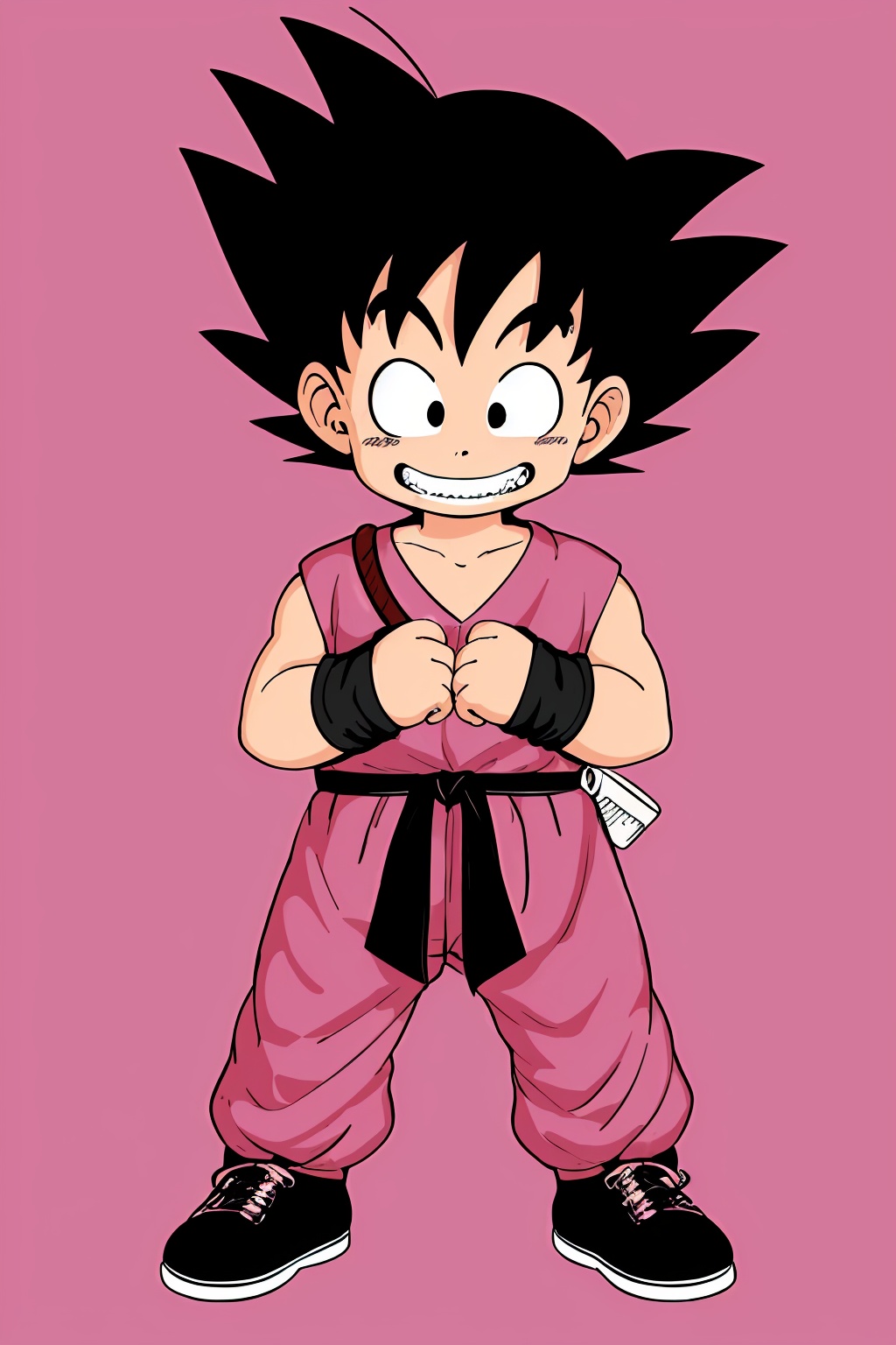 1 boy,:d,black eyes,black footwear,black hair,boots,clenched hand,clenched hands,clothes writing,fingernails,full body,gradient,gradient background,grin,happy,jumping,looking at viewer,male focus,pink background,pink theme,red background,red theme,simple background,smile,solo,spiked hair,standing,teeth,wristband<lora:蔚蓝Blue小悟空2.0:0.8>