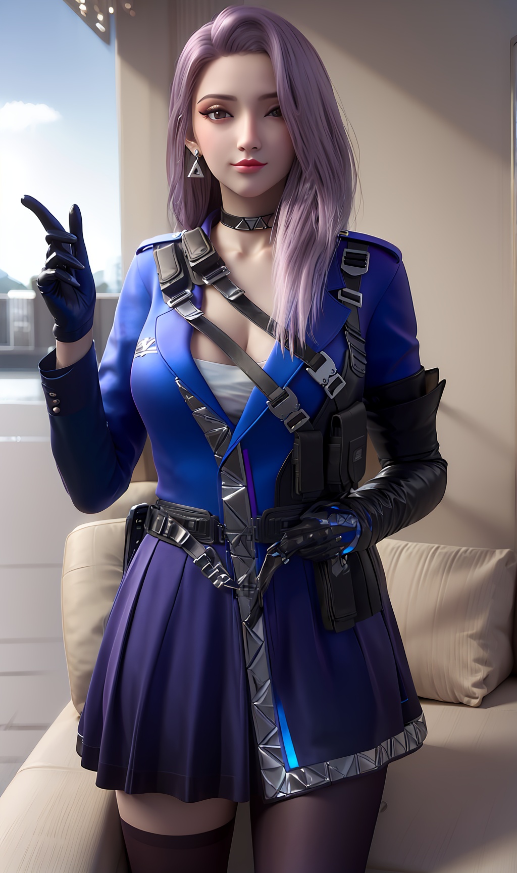 3D,masterpiece,(best quality),(makeup),official art, extremely detailed cg 8k wallpaper,((crystalstexture skin)), (extremely delicate and beautiful),(highly detailed),(1girl), (solo), (jewelry), (earrings),(purple__hair),(long_hair),(hair_ornament),(handwear),(standing),(breast:1.000),(cleavage:1.000),,,(upper_body),(collar:1.000),(gloves:1.000),(policewoman:1.000),(skirt:1.000),(chinese_clothes:1.000),(blue_dress:0.999),,(multicolored_clothes:1.000),(multicolored_dress:1.000),(thighhighs:1.000),(black_gloves:1.000),(pantyhose:1.000),(belt:0.999),,(blue_jacket:1.000),(coat:1.000),(sunshine, outdoor,sofa),((looking_at_viewer)),((Facing the camera)), (long_legs:0.787), , <lora:hipoly3DModelLora_v10:0.3>
