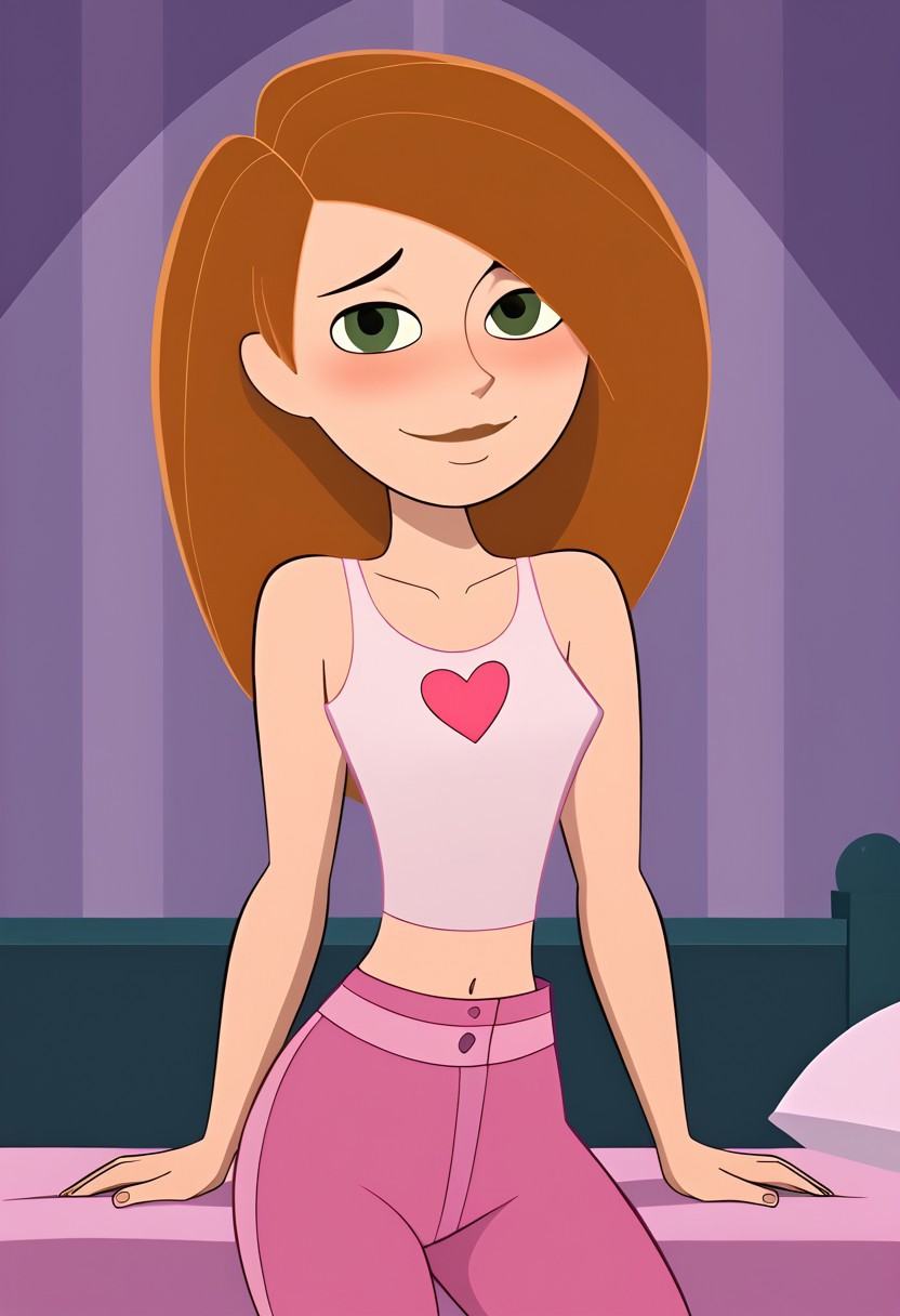 Kim,  White Crop Top with Pink Heart,  Pink Pants on Tensor.Art