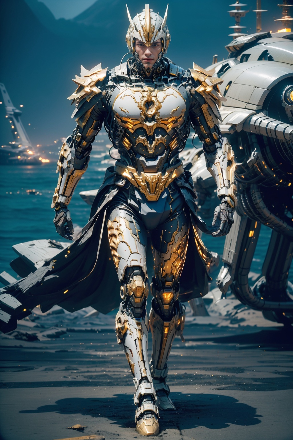 hjyjiazhourbt, mecha,holographic,walking,(sci-fi machine sea city  background:1.3),biomechanical,(looking at viewer),dynamic pose,dynamic angle,(chinese armor:1.4),gold.shining sparks,hi - tech synthetic bio ethereal metal and black titanium material,masterpiece,best quality,(highly detailed),1boy,gold hair,cyborg,(full body:1.2),day light,((bright light)),wide angle,sleek,studio light,<lora:hjyjiazhouRBTcropface-000002:0.8>,