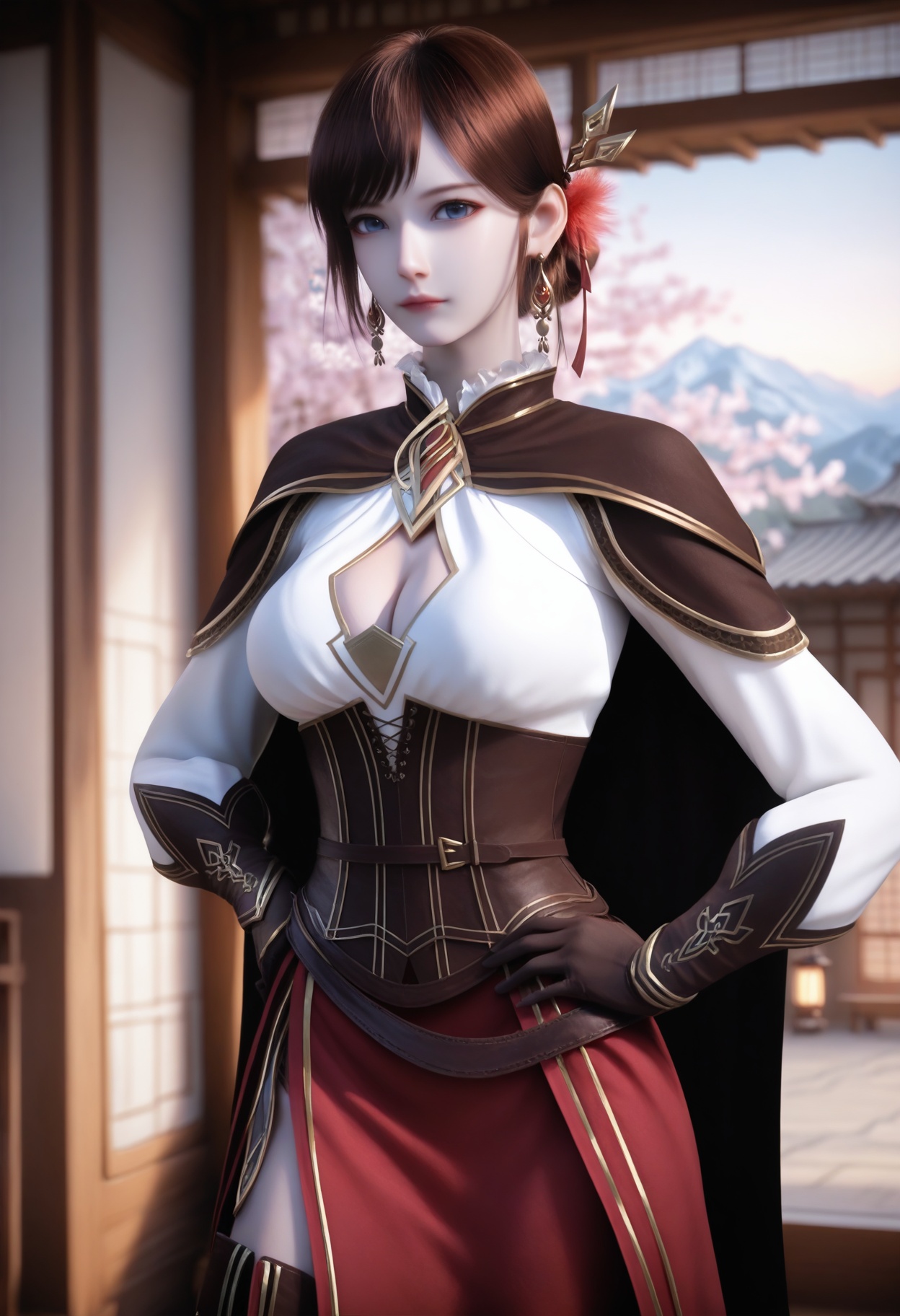 He_di,1girl,brown hair,earrings,hair ornament,jewelry,cleavage,blue eyes,blurry background,short hair,corset,cowboy shot,bangs,<lora:He_di_10_illu-000006:0.75>,cape,gloves,high heels,brown footwear,skirt,thigh boots,long sleeves,red skirt,side slit,clothing cutout,cleavage cutout,photorealistic,hyperrealistic,<lora:realistic filter [IL]:1>,(pale skin:0.7),looking at viewer,standing,one hand on hip,lantern,open window,looking at viewer,indoors,mountains,blossoms,flowers,east asian architecture,beautiful sunrise,warm ambient temperature,