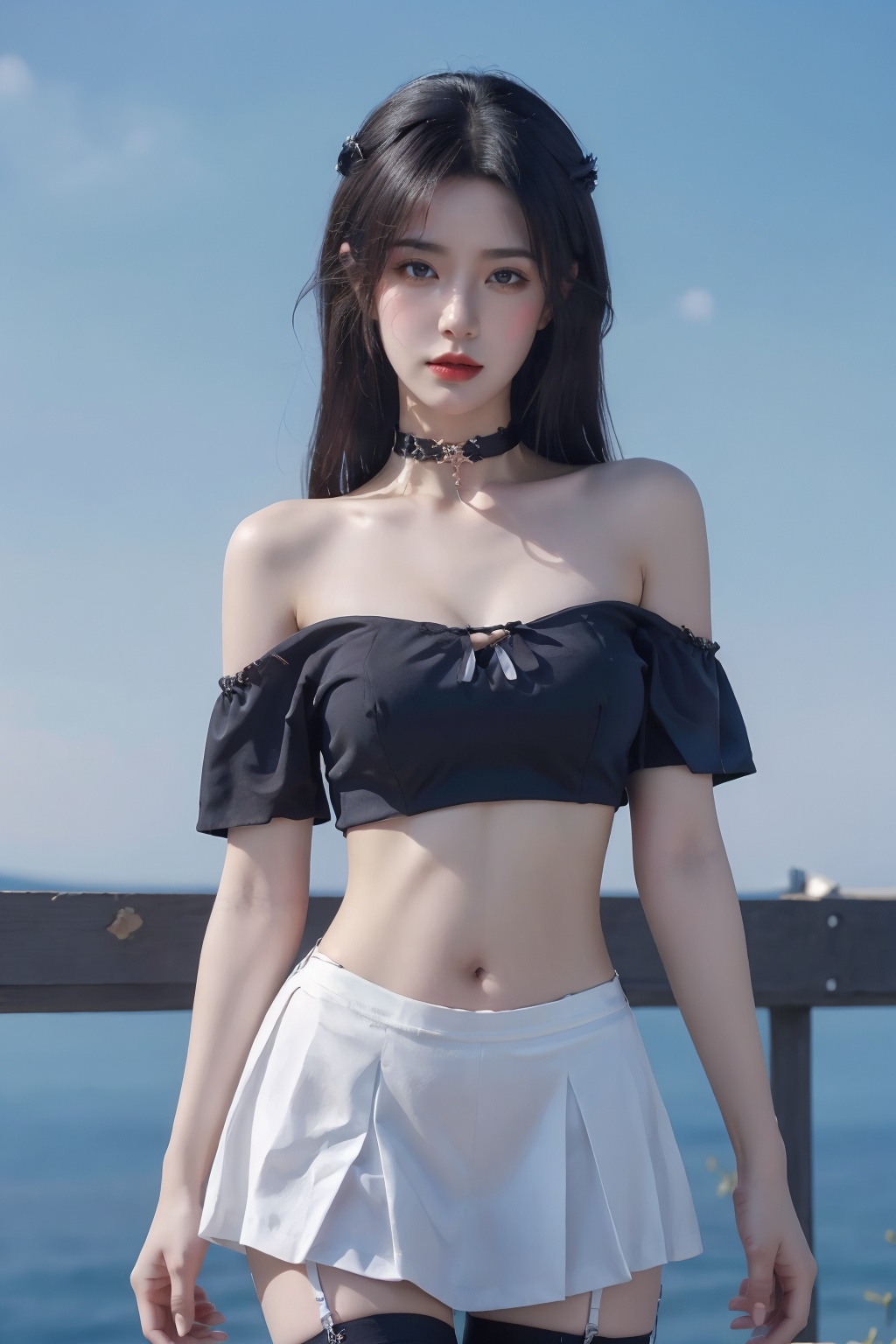 1girl, bandeau, bare shoulders, black choker, blue sky, breasts, choker, cleavage, collarbone, cowboy shot, crop top, day, facial mark, forehead mark, garter straps, grey eyes, jewelry, lips, long hair, looking at viewer, medium breasts, midriff, miniskirt, navel, off shoulder, outdoors, skirt, sky, solo, standing, stomach, thighhighs   <lora:美女:0.66>