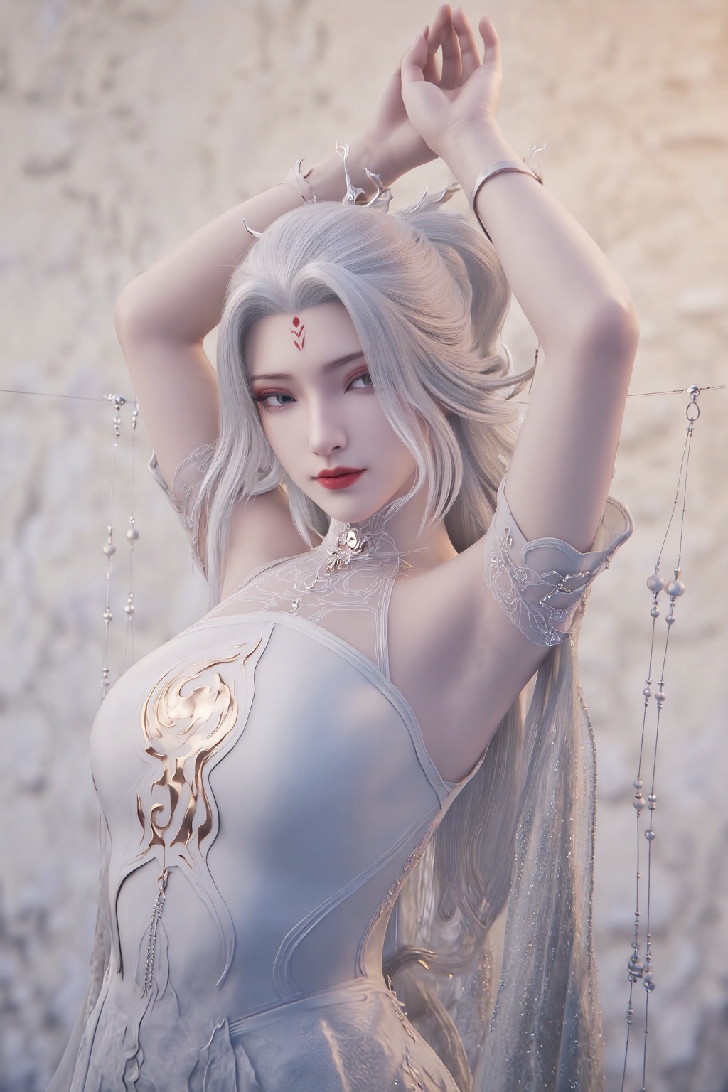 xb,xb This is a highly detailed CGI artwork of a fair-skinned,slender woman with long,platinum blonde hair styled in intricate braids. She wears an ornate,white,fantasy-inspired dress adorned with gold accents and a central flame motif. Her makeup is subtle,with a red mark on her forehead.,She stands with her back to the camera,arms raised above her head and hands crossed. Her posture is elegant and poised,with her body slightly turned to the side.,
