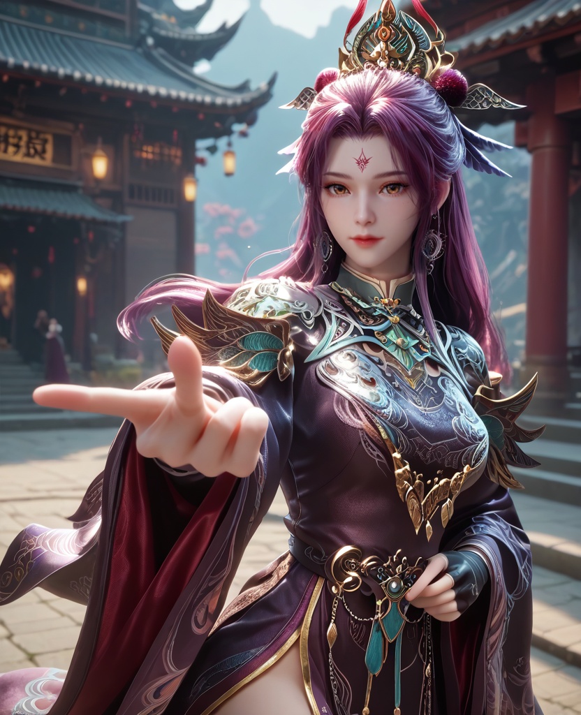 (oriental architecture, elegant decor, sophisticated style:1.1),(pointing:1.1),(breasts:1.2),<lora:XL16牧神记司幼幽:0.95>,miss siyouyou,aubergine tiered gown,brown eyes,forehead mark,red violet hair,very long hair,traditional chinese updo with long cascading hair,jewelry,wide flowing sleeves,shawl,black fingerless gloves,amaranth underskirt,, score_9,score_8_up,score_7_up,score_6_up,score_5_up,score_4_up,3d rendering,tag1,tag2, Cinematic Lighting,backlighting,