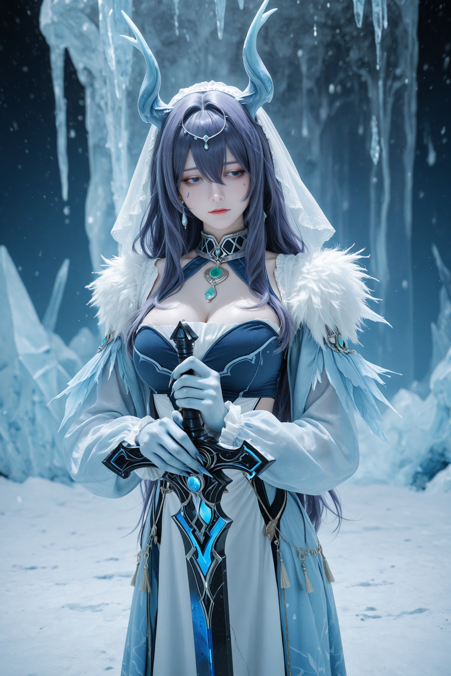 (EyesHD:1.2),(4k,8k,Ultra HD),masterpiece,best quality,ultra-detailed,very aesthetic,depth of field,best lighting,detailed illustration,detailed background,beautiful face,beautiful eyes,soft lighting,bloom effect,detailed background,cute girl,eyelashes,1Girl,colored skin,ice dragon girl,(blue skin:1.3),broken asymmetrical dragon horns,ridged horns,scales on skin,scales on neck merging in to her skin,claws,exhaling beath,BREAKlauma \(genshin impact\),solo,long hair,silver hair,long sleeves,hair ornament,holding,hair between eyes,closed mouth,jewelry,upper body,weapon,sidelocks,earrings,alternate costume,holding weapon,holding sword,white traditional inuit cloth,golden lining on cloth,amauti,wearing a traditional inuit perker made from animal hide,vibrant frosty background,silver tiara,facing viewer,sheath,scabbard,unsheathing,european medieval style ice sword,european frost broadsword,Arming sword,blue blade with icy texture,holding sheath,dynamic pose,long mantle,standing in a frozen tundra,dynamic pose,wide stance,(rella:1.2),(redum4:1.2) (au \(d elete\):1.2) (dino \(dinoartforame\):1.1),(qiandaiyiyu:0.85),(soleil \(soleilmtfbwy03\):0.6),(godiva ghoul:0.65),(anniechromes:0.5),