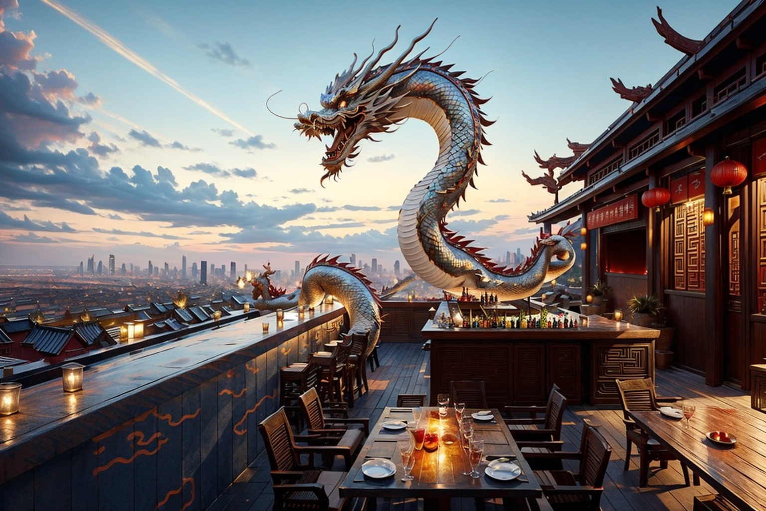 bar,sky bar,<lora:20240119-1705647975052:0.6>,Realistic image quality,photorealestic,8K,best qualtiy,masterpiece,movie-level quality,rendering by octane,architecture,city,city lights,cityscape,outdoors,real world location,rooftop,scenery,sky,skyscraper,sunset,building,night,bar counter,cup,the bar on the rooftop,dragon,(Chinese dragons flying in the air:1.2),<lora:东方巨龙Oriental giant dragon_1.0:0.4>,long,bird,<lora:20231225-1703496324667:0.4>,chinese lantern,oriental architecture,