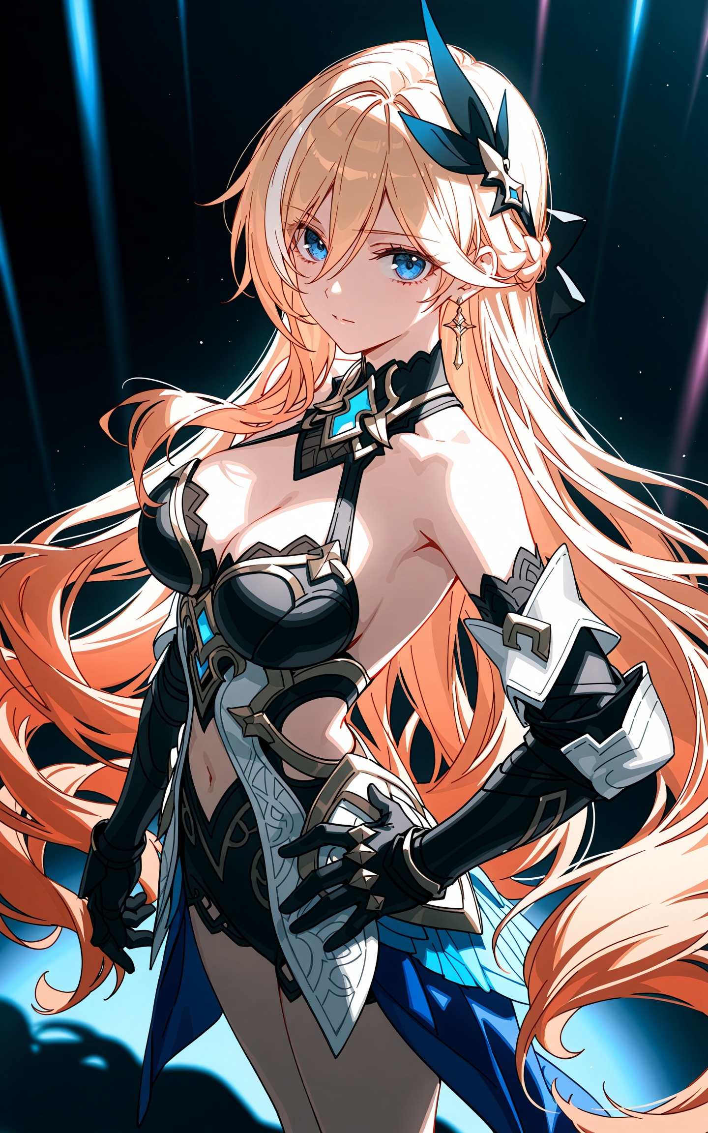 [artist:WANKE],[artist:ciloranko]backlighting,[artist:hiten],masterpiece,best quality,8k,ultra-detailed,bianka durandal ataegina \(palatinus equinox\),honkai \(series\),1girl,blue eyes,hair between eyes,blonde hair,long hair,streaked hair,white hair,very long hair,hair ornament,large breasts,cleavage,navel,armor,black gloves,armor,bare shoulders,earrings,cleavage,thighs,hand on own hip,from side,looking at viewer,masterpiece,best quality,amazing quality,very aesthetic,absurdres,chiaroscuro,backlight,female focus,dynamic angle,depth of field,high contrast,colorful,detailed light,light leaks,beautiful detailed glow,best shadow,shiny skin,ray tracing,detailed light,sunlight,shine on girl's body,cinematic lighting,dynamic angle,perspective,strong contrast,light,shadow,depth of field,light spot,reflection,volumetric lights,colorful,chiaroscuro,dramatic shadow,lens flare,sunlight,shining on girl's body,best quality,amazing quality,very aesthetic,absurdres,beast quality,masterpiece,ultra detailed,newest,8K,HDR,