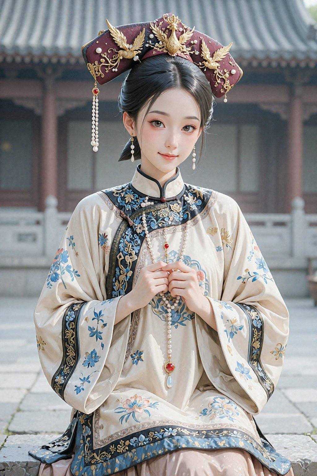 一位二十五六岁的优雅年轻亚裔女子身着传统中式服饰,  端坐于画面中央。她身着一件米色、绣工精湛的汉服,  上面饰有蓝、黑、金三色繁复的花卉和几何图案 on Tensor.Art