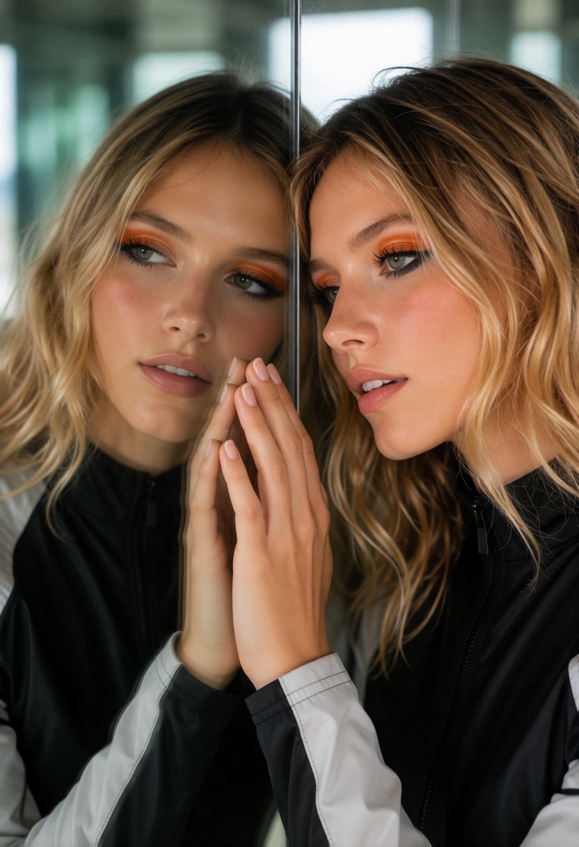 AmberX,  dark blonde hair worn loose in soft beach waves with a center part and delicate face-framing strands. A photoreal...