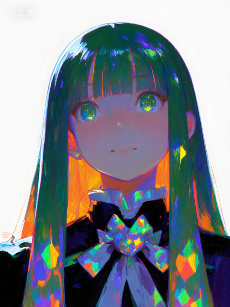 More green, purple and orange colors on the hair, colors of dark opal, generate a girl in the art style of Houseki no Kuni, girl made of opal, natural fair skin color, many glowing colors on the hair, delicate hair details, clearly defined strands of hair, beautiful hairstyle, medium length hair, black and white clothes, white background, female character made of opal, skinny, tall, thick long hair made of opal, colorful hair, opal, gemstones, beautify, colorful, shiny, in Houseki no Kuni art style, look like Houseki no Kuni character, anime, Houseki no Kuni art style, Houseki no Kuni, Houseki no Kuni, Houseki no Kuni, lots of details, Negative prompt: ng_deepnegative_v1_75t,(badhandv4:1.2),EasyNegative,(worst quality:2),,nsfw, Steps: 30, Sampler: Euler, CFG scale: 3.5, Seed: 353783187, Size: 768x1024, Model hash: 531b71b201, Model: F.1-Krea-dev-scaled-fp8_fp8.safetensors, Denoising strength: 0, RNG: CPU, Lora 1: 20251010-1760093491563-0001, Lora Hash 1: 96223b56ca, Lora Weight 1: 1.2, vae_name: automatic