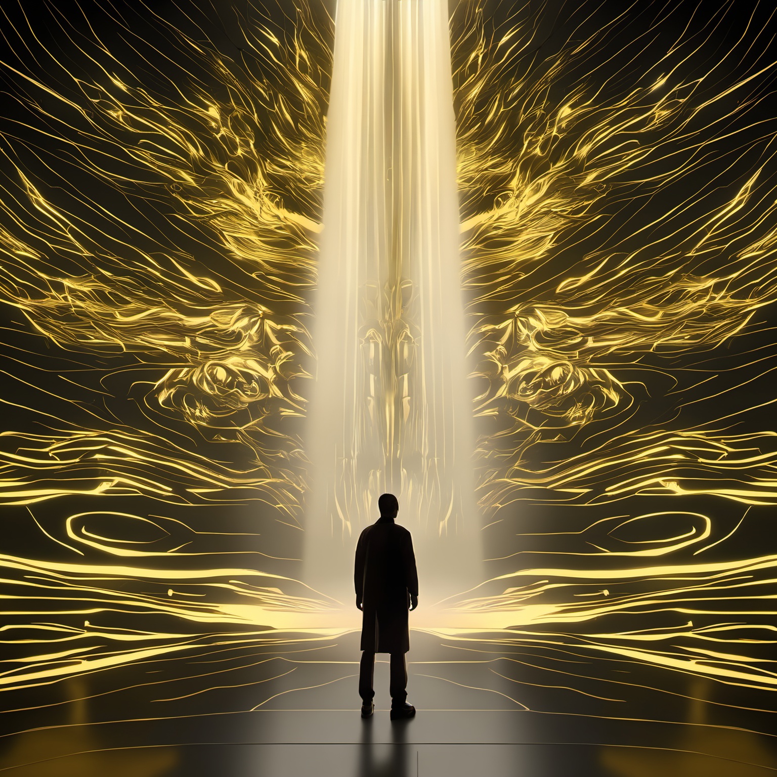 a man standing in front of a projection of immortal,halo,<lora:eastern_mythology_xl:0.5>,golden line,