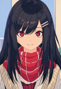 masterpiece, best quality,1girl, solo, red scarf, scarf, hair ornament, red eyes, tateyama ayano, smile, looking at viewer, hairclip, portrait, enpera, long hair, bangs, swept bangs, black hair, parted lips, straight-on , <lora:焦茶XLlokr8f-000188:0.95>