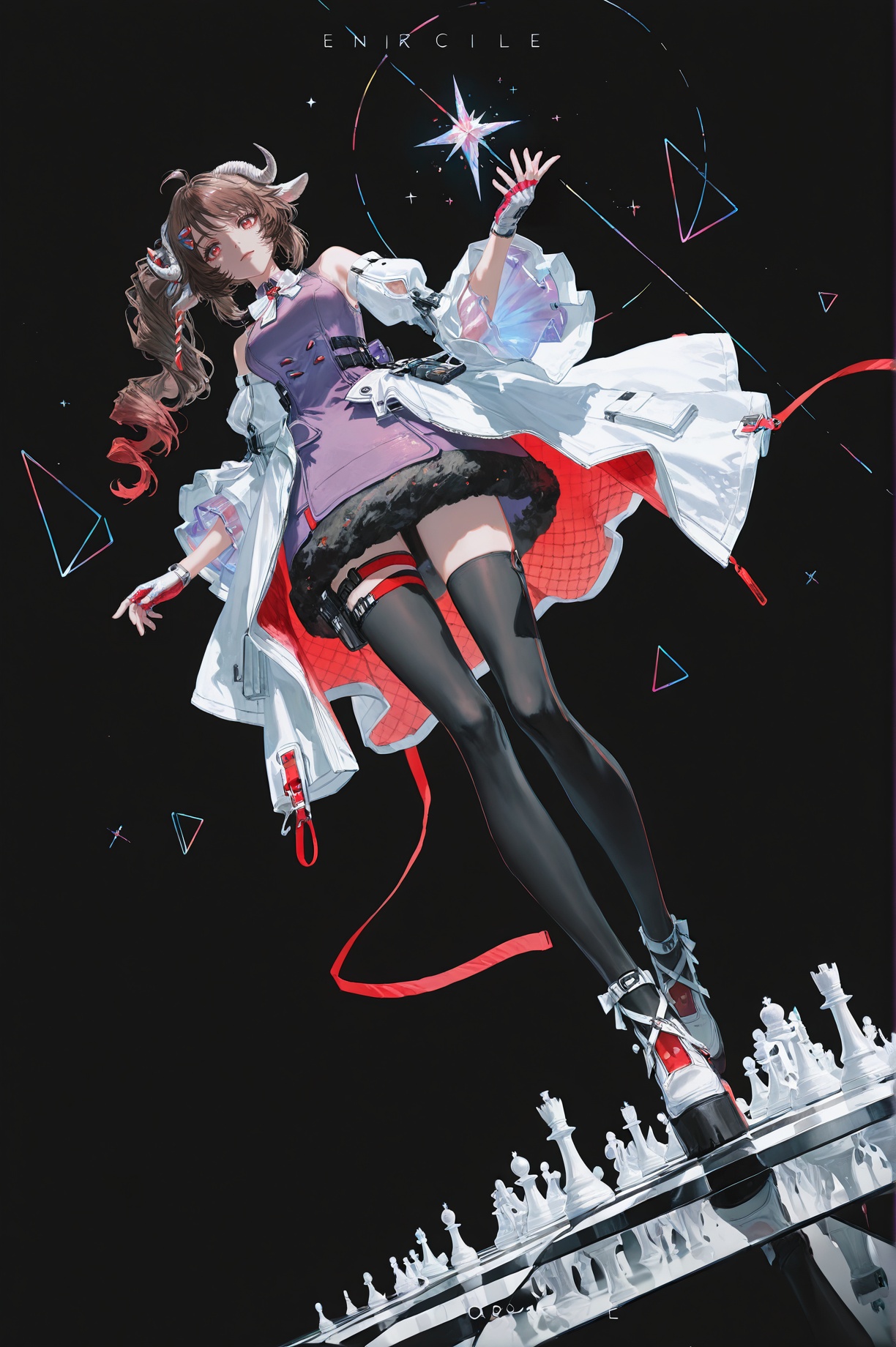 masterpiece,best quality,good quality,high resolution,8K UHD,photorealistic,(artist:quasarcake:0.8),extreme aesthetic,(wlop:0.6),(honjou raita,lack,rella,wanke:0.5),<lora:ponyv6_noobV1_2_adamW-000017:0.25>,<lora:anato_finnstark_illust_v10-000015:0.3>,<lora:ck-shadow-circuit-IL-000012:0.3>,in the style of cksc,<lora:flatline_v2_-_Illus_x_Niji:0.3>,Flatline,Flat vector illustration,<lora:jiaocha_illustriousXL:0.3>,dynamic dutch angle,from below,simple_black_background,black and white theme,Sense of coordination,sense of order,mathematics beauty,(((cover design))),(((((cover art))))),((trim)),album_art,official art,(Master's work),chessboard,chess,white geometry,black geometry,reflection,crystal_art,pattern_design,creative,Mystery pattern,black crystal decorate,black crystal,(architectural art),((geometric art)),pattern design,creative,------,Low saturation,grand masterpiece,Perfect composition,film light,light art,<lora:Ardelia-will-Tanger-000013:0.7>,Ardelia \(Arknights: Endfield\),sheep girl,sheep horns,sheep ears,clothes: Ardelia def pink and white dress,1girl,long hair,breasts,brown hair,ahoge,black thighhighs,fingerless gloves,