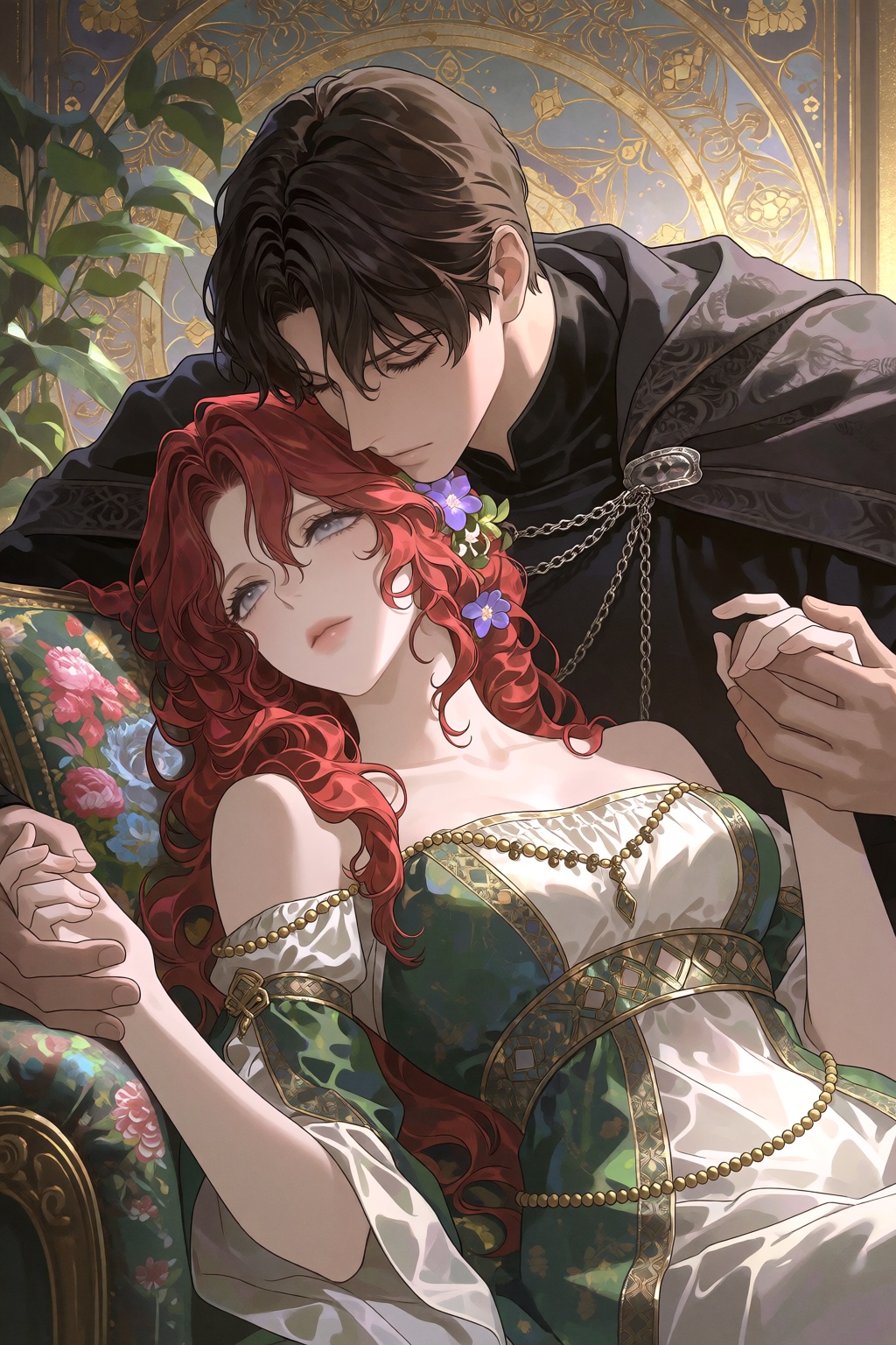 In a close-up shot,  a man with closed eyes and dark brown hair leans over a reclining woman on a floral armchair with cur...