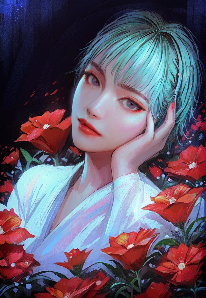 (best quality), ((masterpiece)), (highres), illustration, original, extremely detailed, <lora:少女梦绘卷:0.7>1girl, solo, looking at viewer, flower, short hair, red flower, shirt, bangs, black background, lips, upper body, makeup, red lips, parted lips