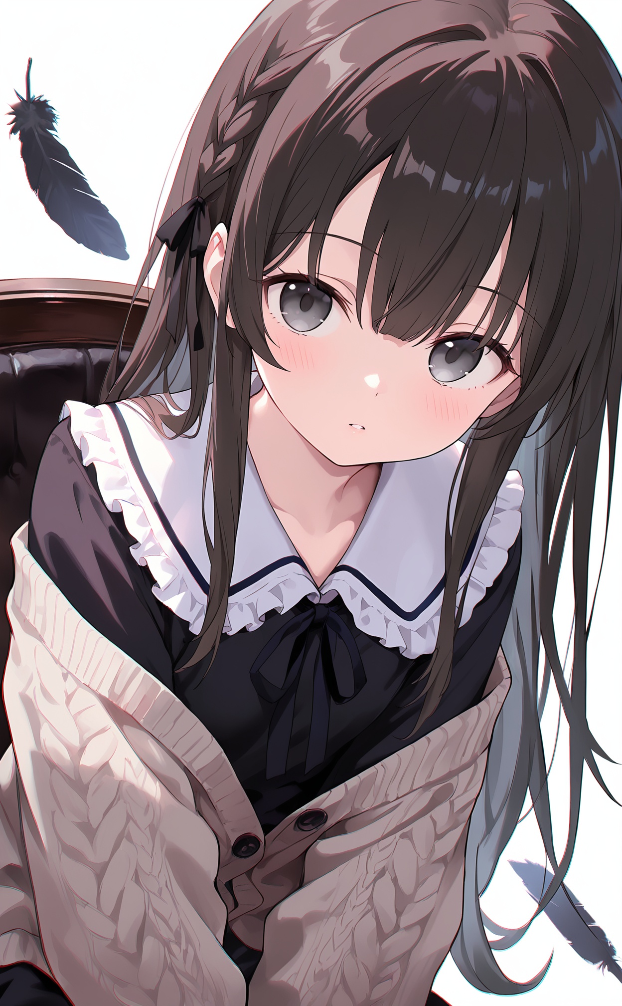 masterpiece,very aware,highres,absurdres,newest,best quality,high quality,loli,petite,chromatic_aberration,white_background,//,1girl,solo,braid,long_hair,frilled_shirt_collar,white_background,chair,ribbon,frills,simple_background,black_ribbon,black_cardigan,brown_hair,dutch_angle,upper_body,neck_ribbon,cardigan,grey_eyes,frilled_collar,parted_lips,feathers,multicolored_hair,expressionless,shirt,sweater,frilled_sailor_collar,sidelocks,hair_ribbon,sitting,two-tone_hair,hair_between_eyes,dress,looking_ahead,grey_hair,frilled_shirt,black_sweater,cable_knit,black_eyes,blush,black_dress,white_hair,on_chair,black_hair,//,year_2023,year_2024,//,
