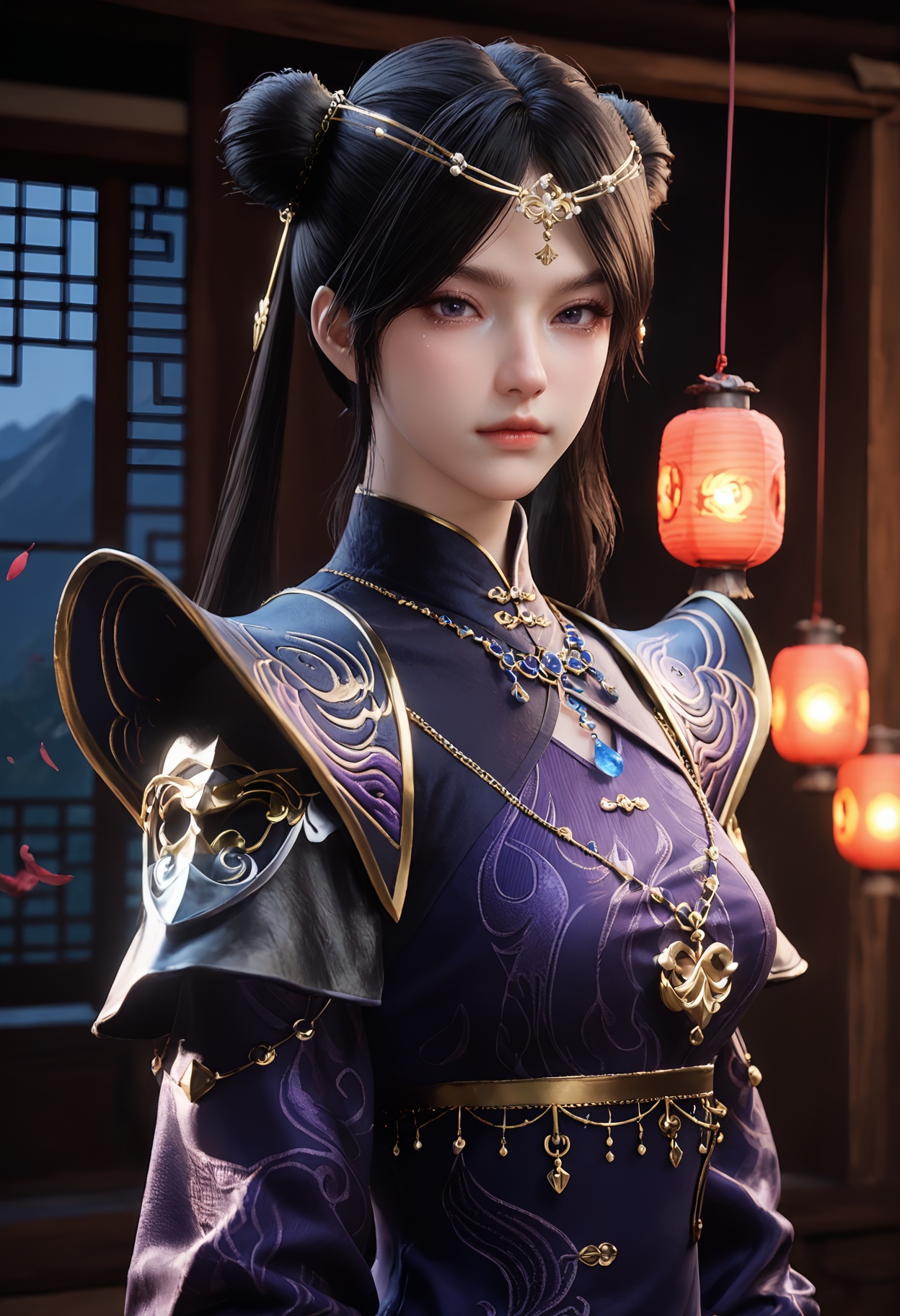 Li_shaoying,1girl,double bun,black hair,hair bun,lantern,long hair,twintails,necklace,hair ornament,gem,circlet,jewelry,<lora:Li_shaoying_25_pony:0.75>,fingerless gloves,thighhighs,chinese clothes,single thighhigh,black gloves,purple dress,long sleeves,armor,puffy sleeves,shoulder armor,pauldrons,photorealistic,hyperrealistic,<lora:Skin Color slider by topplok2:-1>,(pale skin:1.5),looking at viewer,score_9,score_8_up,score_7_up,score_6_up,score_9,score_8_up,score_7_up,score_6_up source_anime,standing,(upper body:1.2),close up,head shot,lantern,open window,looking at viewer,indoors,mountains,blossoms,flowers,east asian architecture,beautiful sunrise,warm ambient temperature,