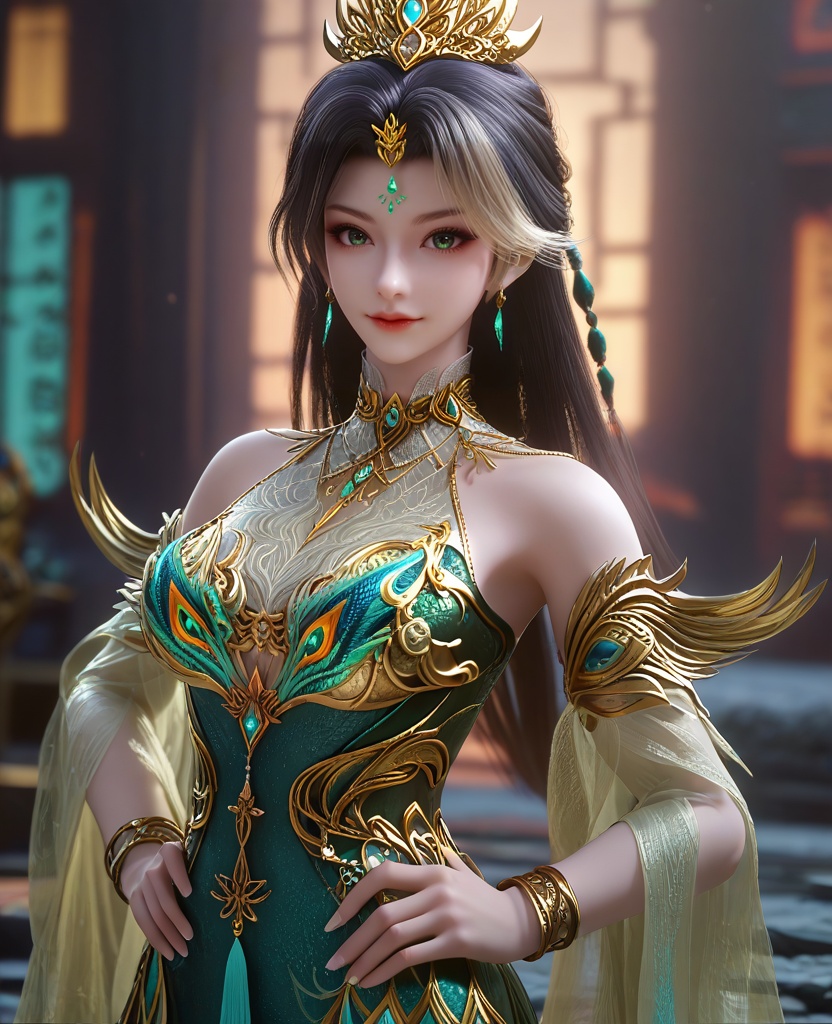 (Posing with hands on hips and a playful smile,:1.1),looking at viewer,(large breasts:1.2),<lora:XL16云深不知梦燕倾霏典仪司:0.95>,miss yanqingfei,green tiered gown,forehead jewel,black hair,white streaked hair,long hair,half-up braid with long cascading hair,hair ornament,earrings,jewelry,armlet,bracelet,collar,wide flowing sleeves,, score_9,score_8_up,score_7_up,score_6_up,score_5_up,score_4_up,3d rendering,tag1,tag2, Cinematic Lighting,backlighting,