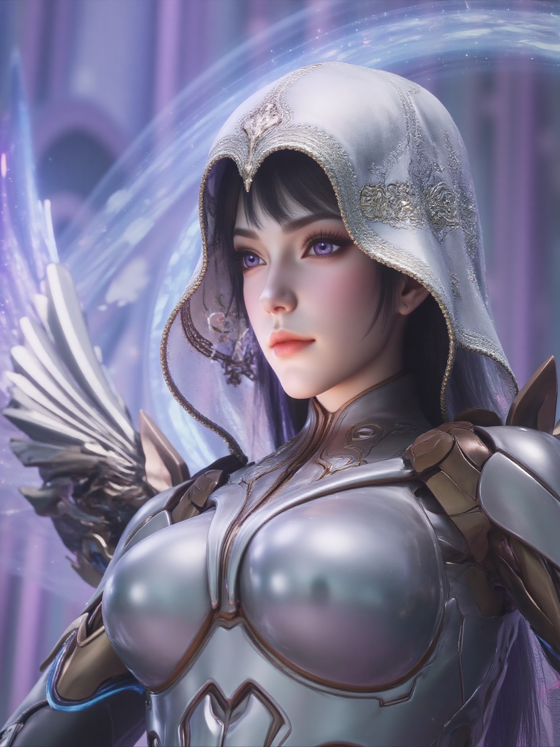 mmghuanlingwang,a young woman with wings and armor,a hooded veil,outdoors,