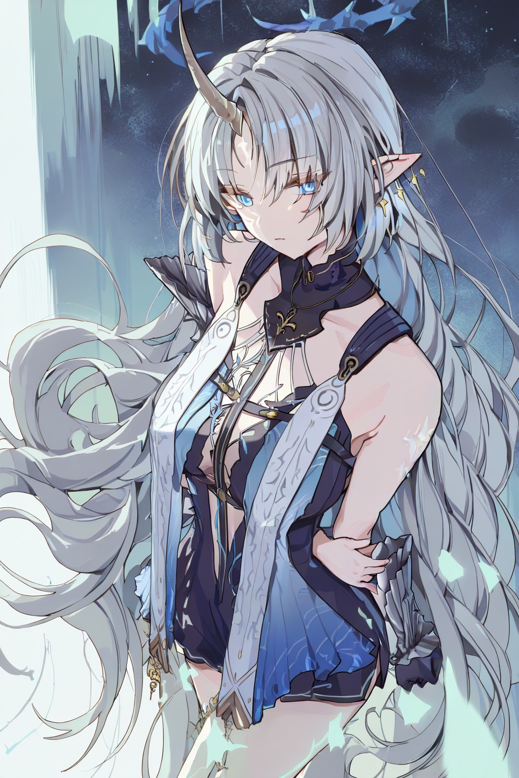 Fleurdelis,crisp,1girl,solo,halo,long hair,pointy ears,light earrings,blue eyes,very long hair,grey hair,tattoo,