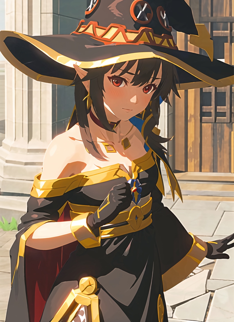 botw style,megumin, 1girl, bare shoulders, black cape, black gloves, black hair, blush, cape, choker, collarbone, dress, hair between eyes, hat, long sleeves, looking at viewer, medium hair, off-shoulder dress, off shoulder, red dress, red eyes, sidelocks, solo, witch hat,  ((masterpiece))  <lora:botw_style_offset:1>
