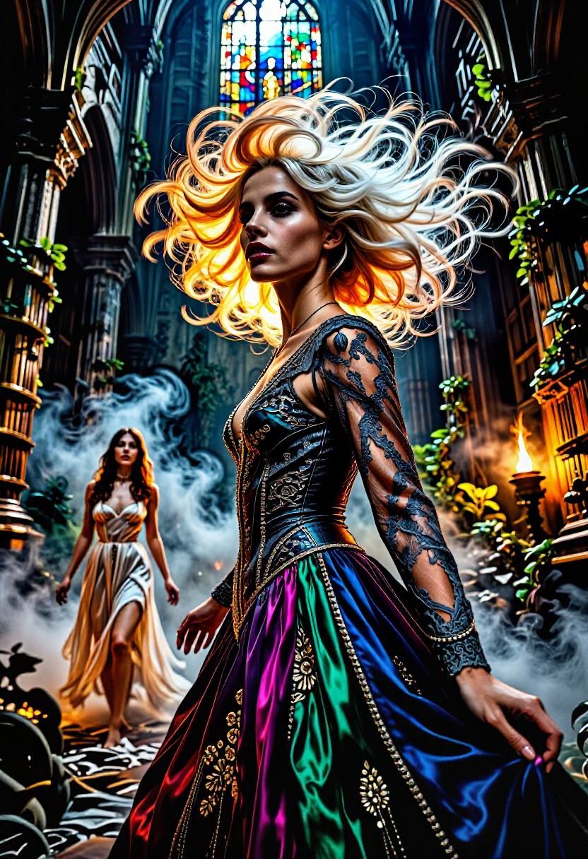 Breathtaking wide cinematic masterpiece of high-fashion gothic surrealism,  captured as a crisp film still that blends met...