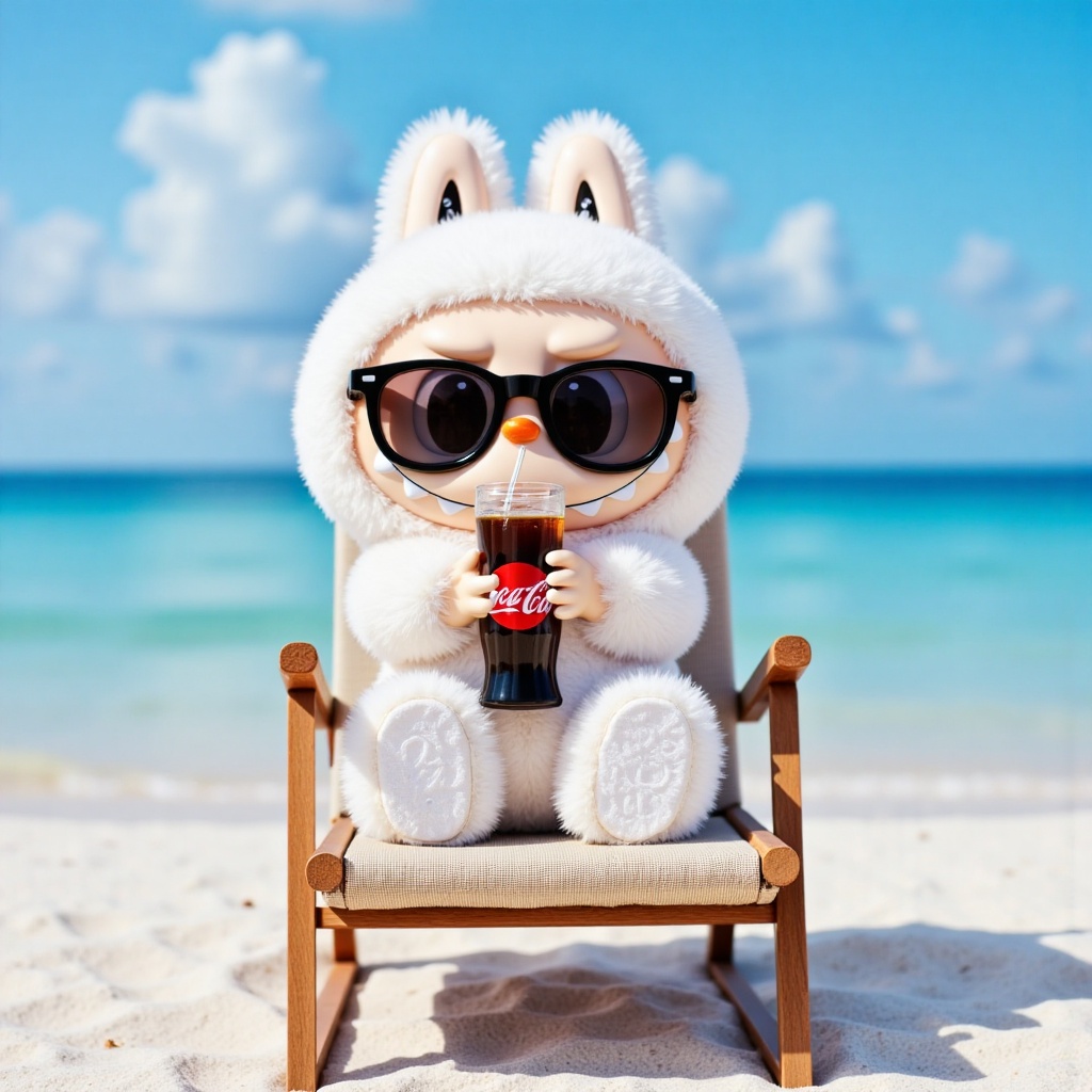 labubu,a white Labubu sits on a beach chair by the seaside,wearing sunglasses and drinking cola.,big head