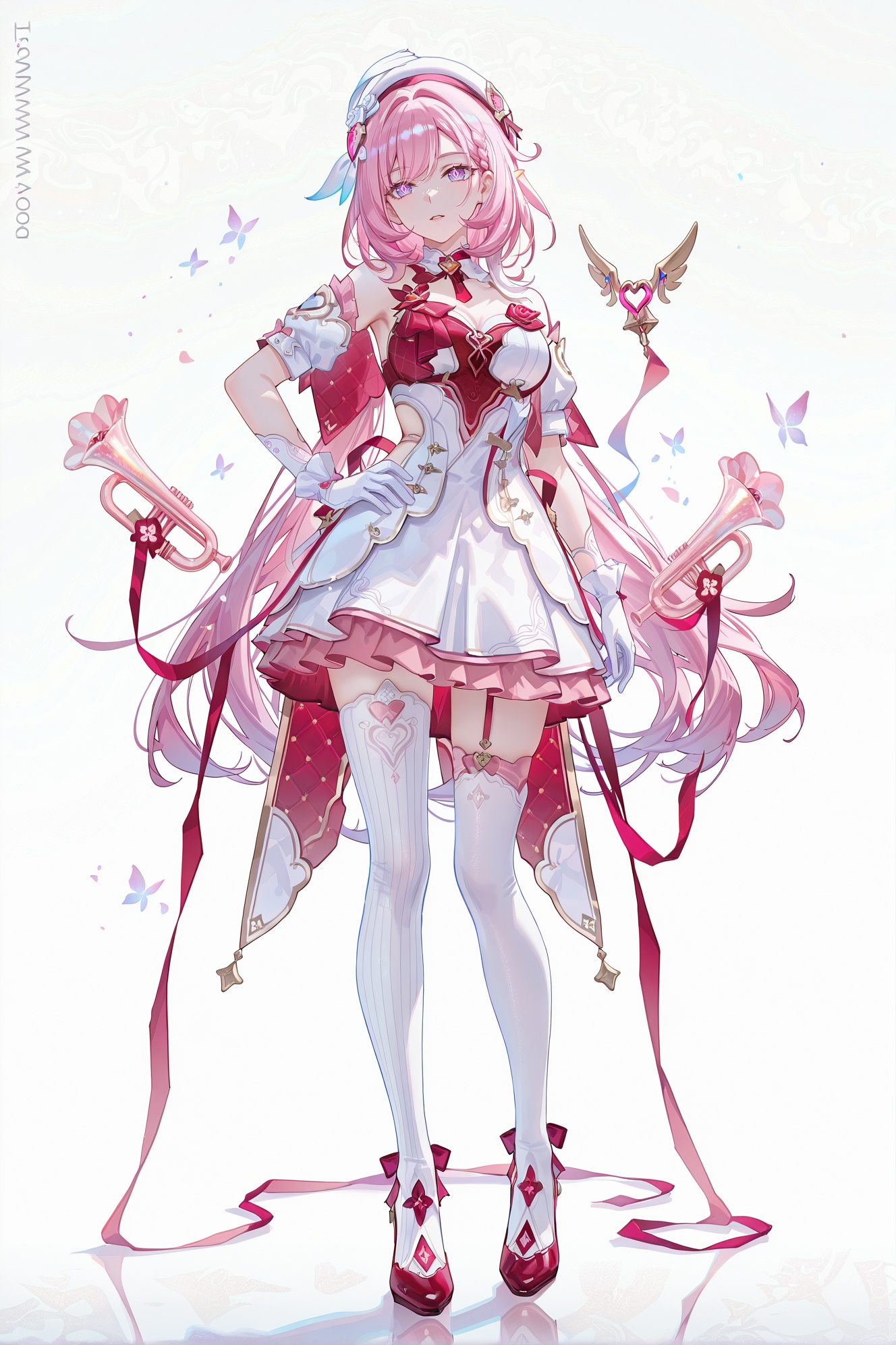 8k,best quality,masterpiece,(ultra-detailed),(high detailed skin),((artist:reoen),(artist:fuzichoco),(artist:atdan),(artist:torino_aqua),year 2024:0.8)1girl,[artist:wlop],[artist:ningen_mame],artist:ciloranko,[[artist:rhasta]],artist:tidsean,colorful,full body,full shot,standing,(solo:1.2),simple background,(white background:1.2),hand on own hip,(white background:1.1),<lora:Elysia-ill-Tanger:0.8>,elysia \(honkai impact\),Elysialover,clothes: Elysialover red-and-white dress,double Elysialover floating small trumpets,1girl,pink hair,Elysialover thighhighs,purple eyes,gloves,bangs,white thighhighs,Elysialover white hat and hair ornament,diamond-shaped pupils,floating ribbon,
