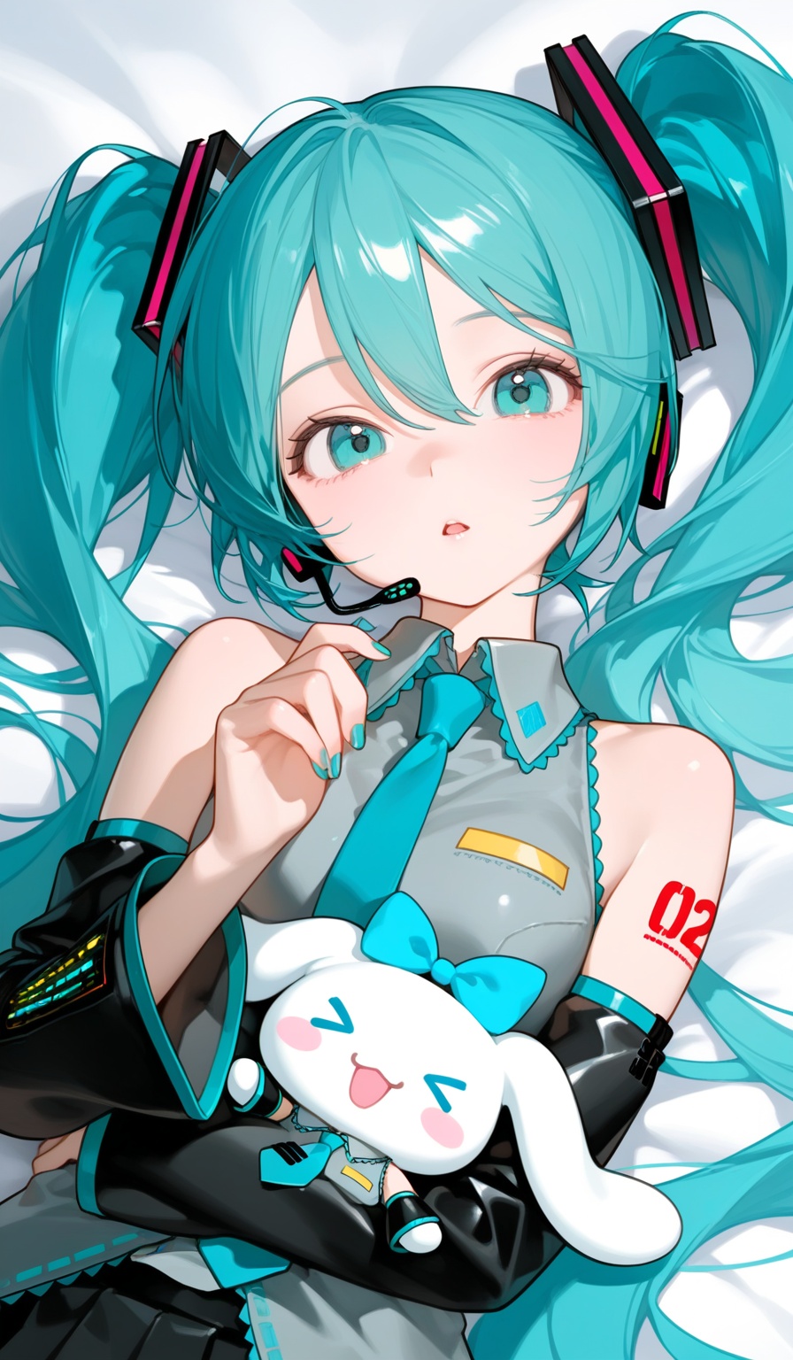 <lora:えーあい-Style:1>,(upper body:1.3),hatsune miku,cinnamoroll,1girl,bow,detached sleeves,character doll,skirt,hair bow,shirt,aqua necktie,black sleeves,number tattoo,looking at viewer,grey shirt,necktie,aqua hair,aqua eyes,black skirt,hair ornament,blue bow,heart,?,sleeveless,long hair,>_<,solo,hair between eyes,sleeveless shirt,pleated skirt,bare shoulders,twintails,open mouth,thighhighs,tattoo,updo,headset,collared shirt,kagamine rin,lying,headphones,parted lips,black thighhighs,nail polish,