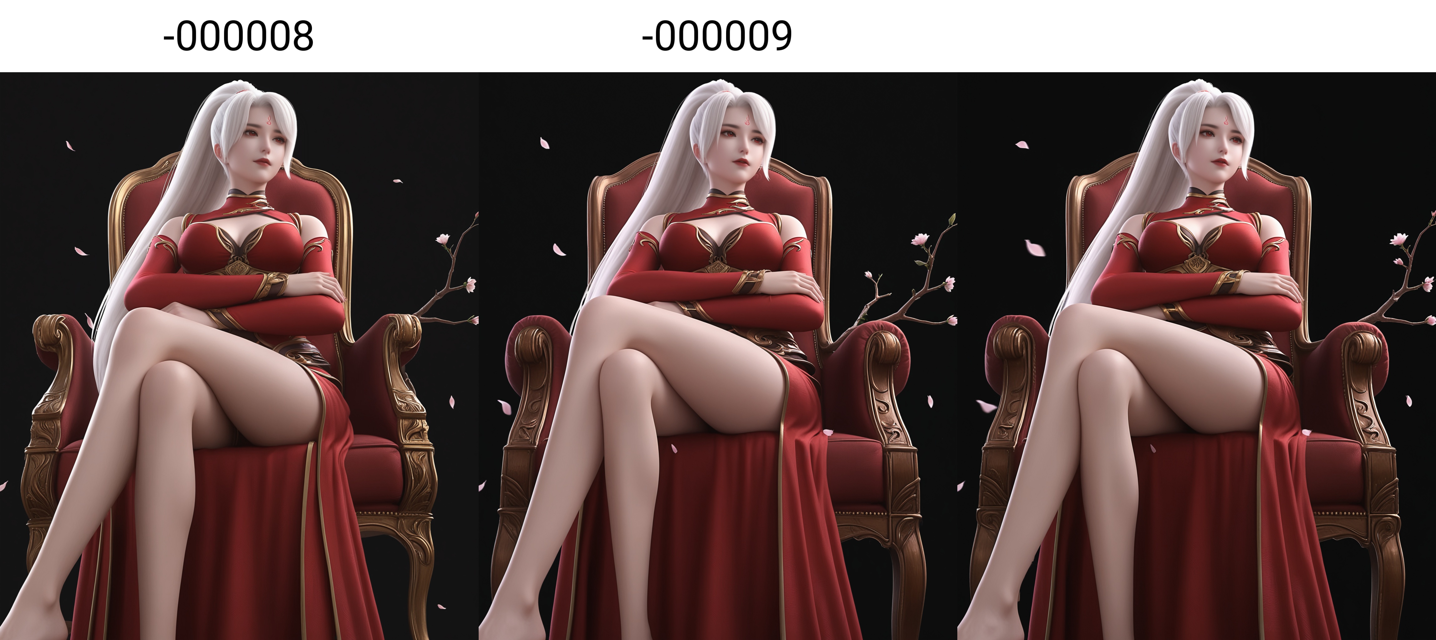 (score_9),masterpiece,best quality,absurdres,highres,BREAK(glamor:1.1),slender,white_skin,(fair_skin:1.1),collarbone,puffy chest,<lora:焰羽-ill-000008:0.78>,yanyu,1girl,solo,long hair,white hair,ponytail,hair rings,red eyes,forehead mark,red dress,high collar,detached sleeves,long dress,bare legs,barefoot,shorts,looking at viewer,sitting,crossed legs,pov,from below,(crossed_arms),foot focus,chair,BREAKblack background,branch,twig,rim light,Cinematic Lighting,Volumetric Lighting,Tyndall effect,flower,falling petals,