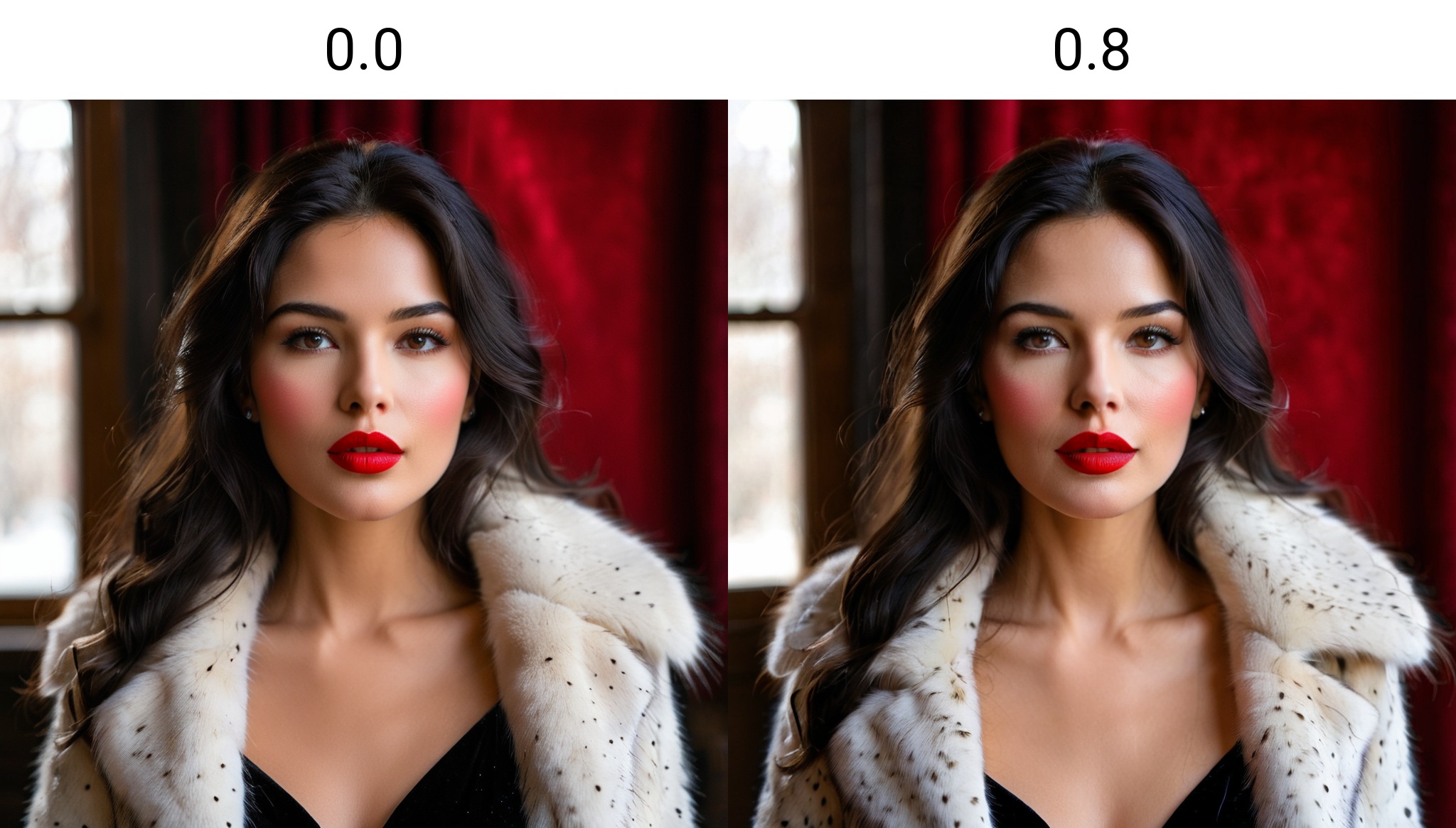 <lora:xl nlkz:0.0>,It was a bust of a girl who was alone,her dark hair flowing and her face lifelike. She gazed into the audience,wearing a fur coat,with delicate red lips,her face added to her loveliness with delicate make-up and a small mole. Her dark eyes were sparkling,and her lips were smeared with lipstick. The background is simple and clear,highlighting her charm and natural beauty.,