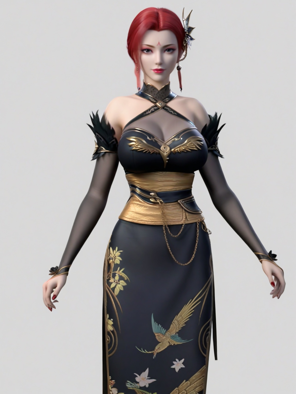 score_9,(perfect_anatomy:1.1)1girl,looking at viewer,breasts,large breasts,solo,standing,hair ornament,black dress,eyeshadow,red hair,detached sleeves,looking at viewer,white background,simple background,<lora:SF_YaFei_NianFanFace_Pony_Realism2.3-000004:0.7>,cowboy_shot,