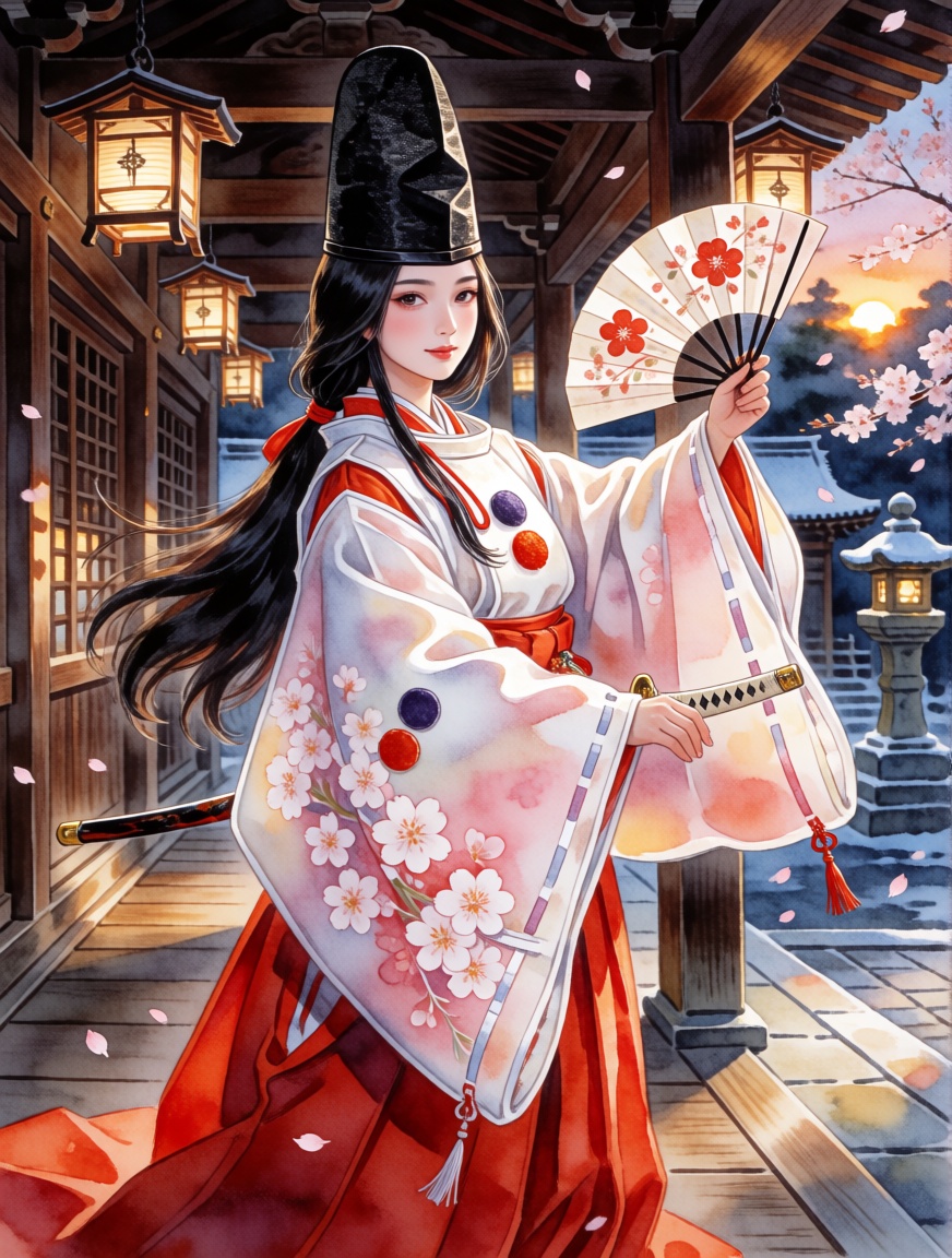shirabyoshi,  An artistic,  anime-style digital watercolor illustration of a beautiful young woman dressed as a shirabyosh...