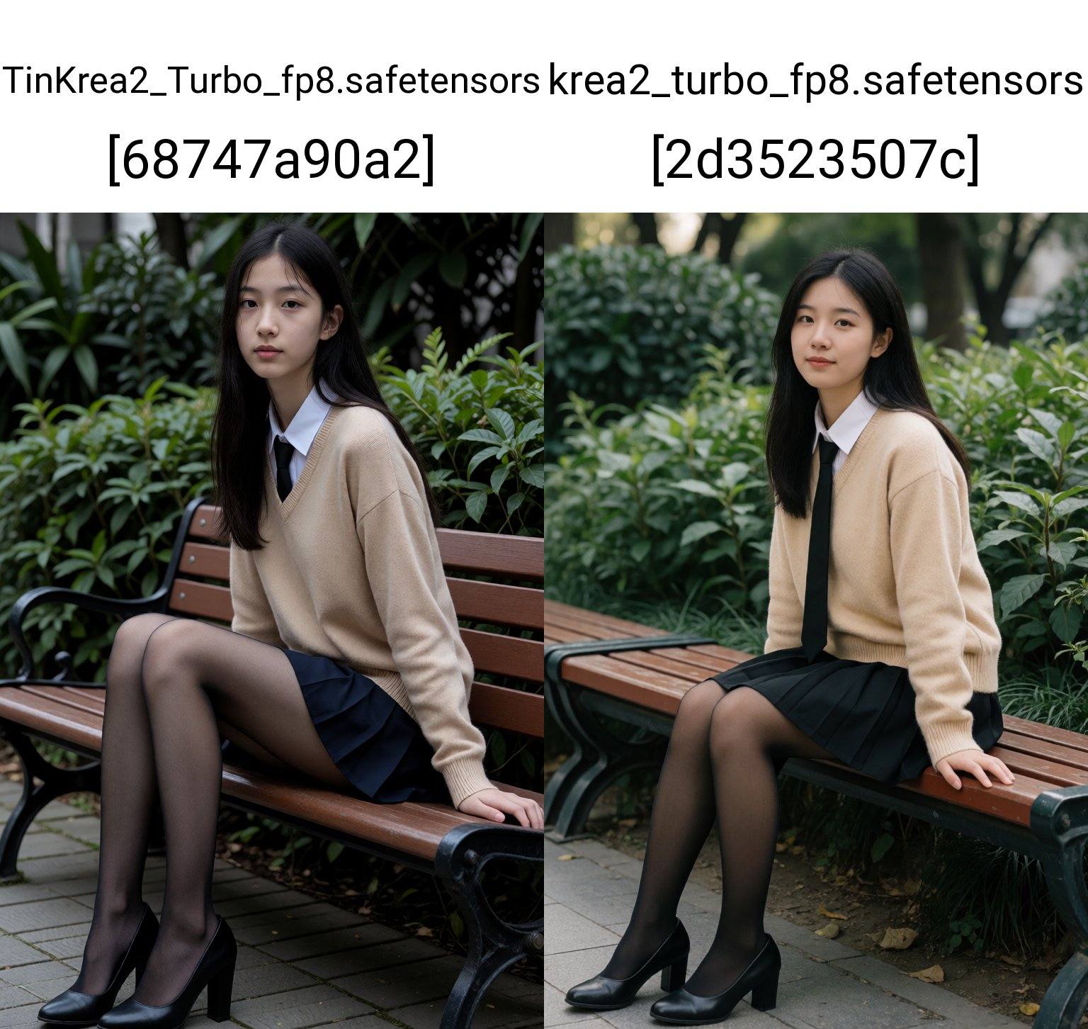一位看起来二十岁出头的年轻亚裔女性坐在公园长椅上。一头乌黑的长发披散在肩上。她身穿米色毛衣,  内搭白色衬衫,  系着黑色领带。一条深色百褶裙和黑色薄丝袜包裹着她的双腿。脚上穿着黑色皮质高跟鞋。长椅由木板条和深色金属框架构成。郁郁葱葱的绿植构成...