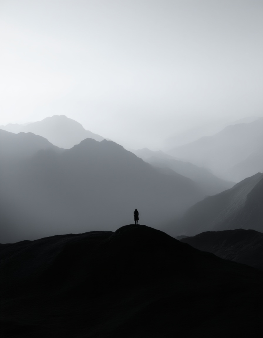 neomj,A person stands atop a small mound,silhouetted against a vast,hazy landscape featuring layers of mountains in the distance. The image is in monochrome.,<lora:neomj风景_15:1>,