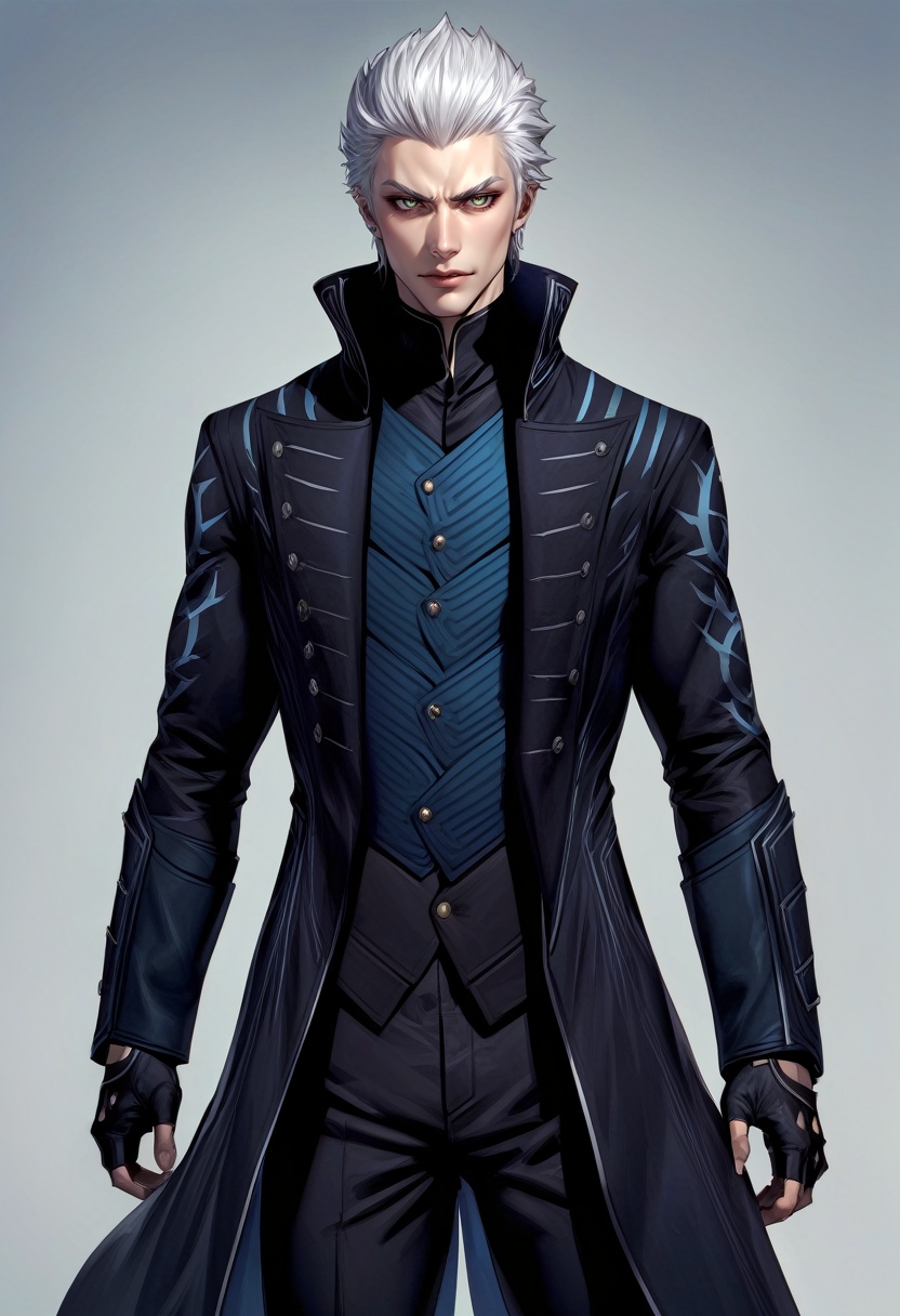 solo, male focus, 1boy, dmc5vergil, serious, looking at viewer, standing, v-shaped eyebrows, black coat, fingerless gloves, pants <lora:dmc5_vergil_xl-000004:1>