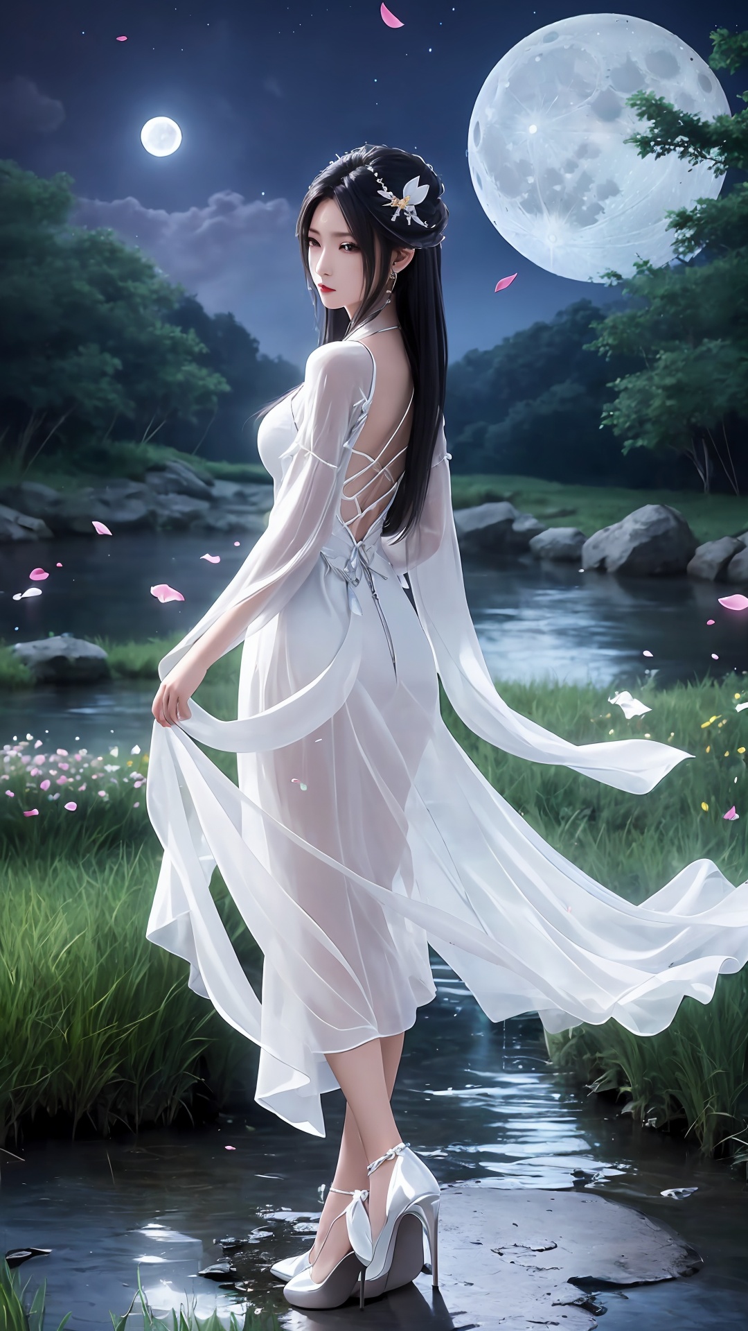 1girl,moon,weapon,dress,long hair,solo,hair ornament,black hair,white dress,petals,night,water,full moon,grass,high heels,full body,back,剑,<lora:girl solo luxueqi_20240911015355:0.7>,