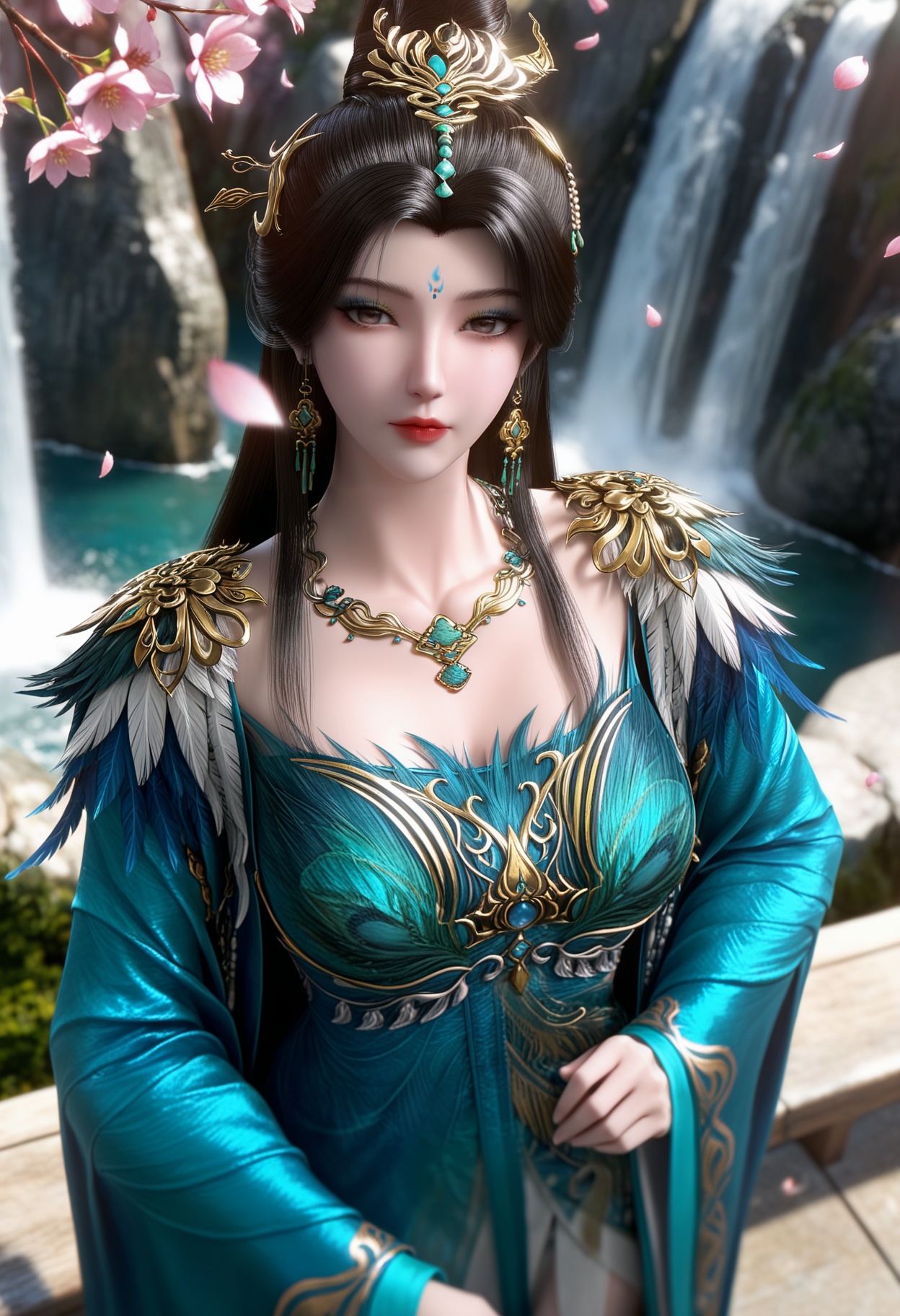 masterpiece,best quality,amazing quality,high resolution,ultra-detailed,absurdres,(looking at viewer:1.1),upper body,(moody lighting:1.1),waterfall,peach blossom,falling petals BREAK (large breasts:0.8),huanmei,1girl,solo,black hair,long hair,hair ornament,jewelry,earrings,forehead mark,dress,blue dress,hair bun,necklace,chinese clothes,makeup,eyeshadow,shoes BREAK photorealistic details,<lora:QQSillhuanmeiV1:0.8>,