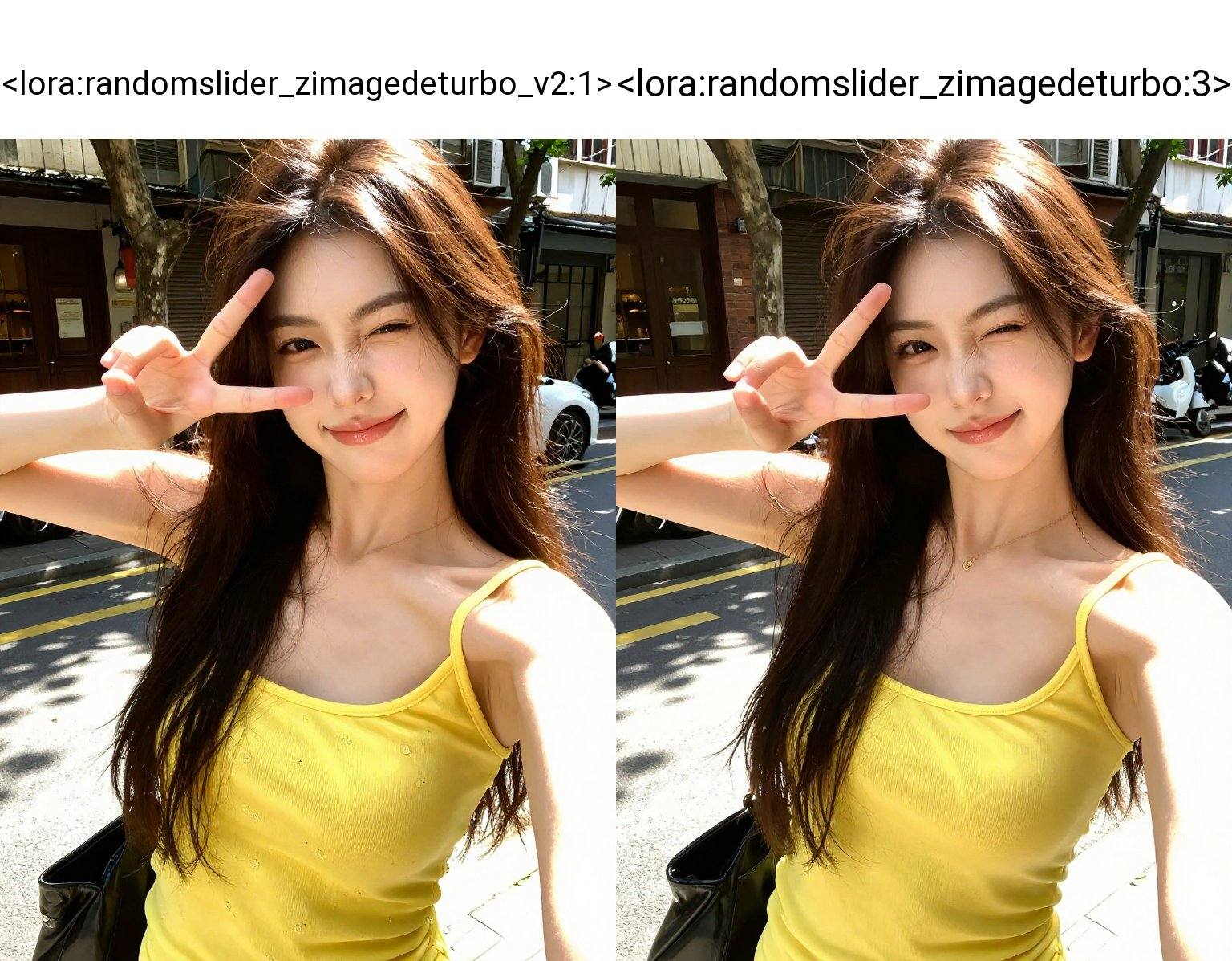 random natural postures and v_sign gestures,  1girl,  street on Tensor.Art