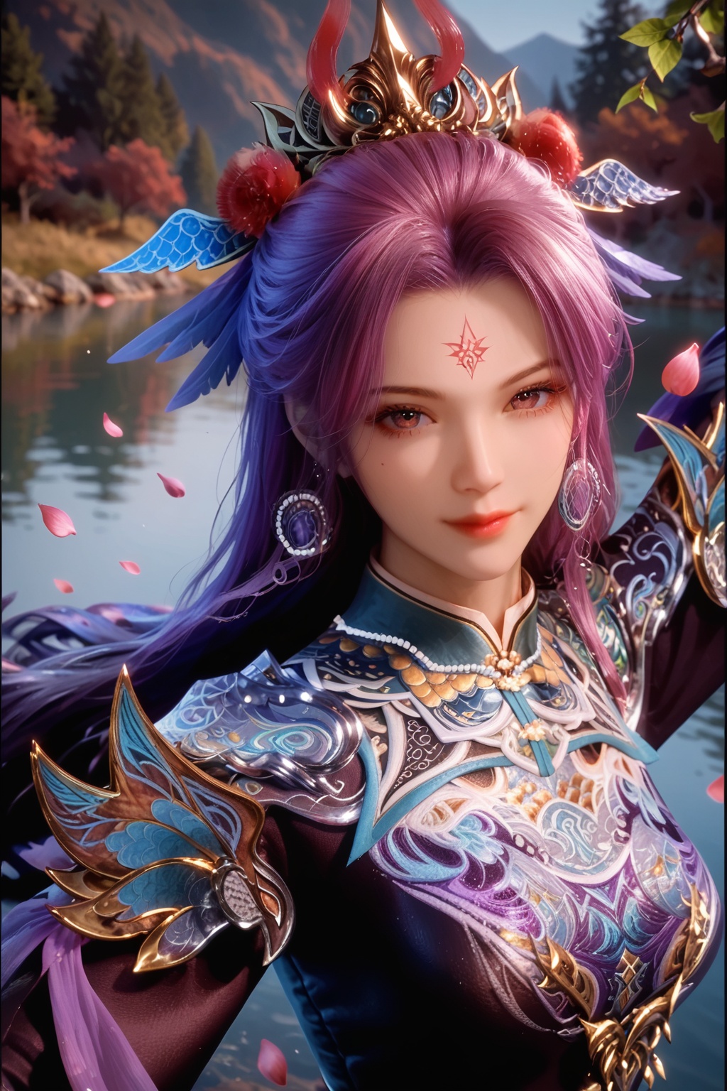 score_9,score_8_up,score_7_up,1girl,looking_at_viewer,realistic,1girl,Vivid Colors,bright environment,sunshine,lake,delicate water surface,shiny skin,shiny hair,reflection,(wariza:1.2),dress,jewelry,<lora:add-detail-xl:0.8>,flower sea,falling petals,upper body,extreme detail description,<lora:pony司幼幽V2.3:0.8>,jewelry,facial mark,forehead mark,hair ornament,armor,dress,purple hair,gem,pink hair,