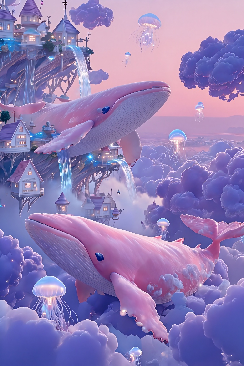 A surreal landscape where colossal pink whales swim through a sea of fluffy purple clouds. On the backs of the whales are...
