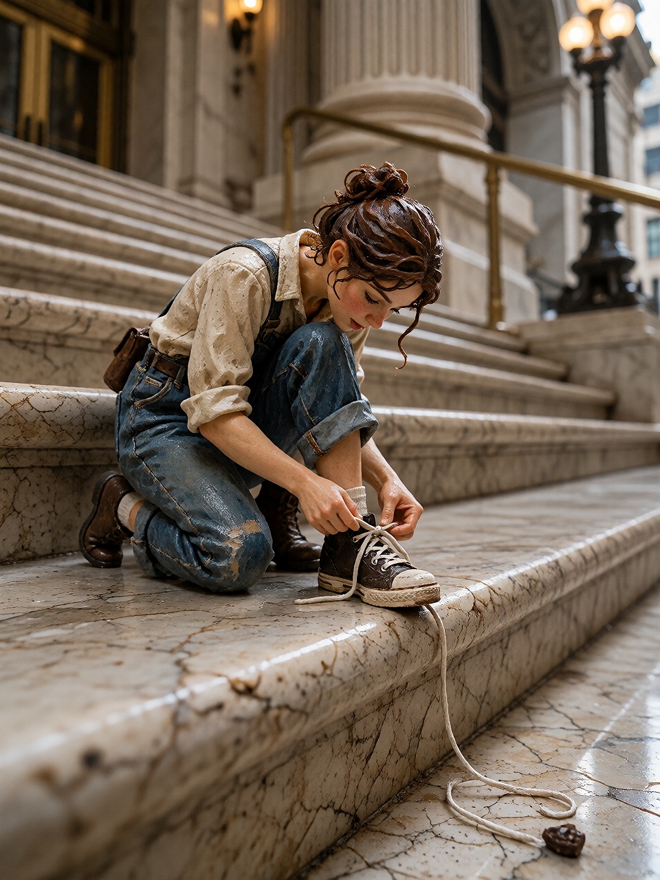 Ground-level macro photograph of a tiny painted miniature woman kneeling to tie the shoelace of another miniature figurine...
