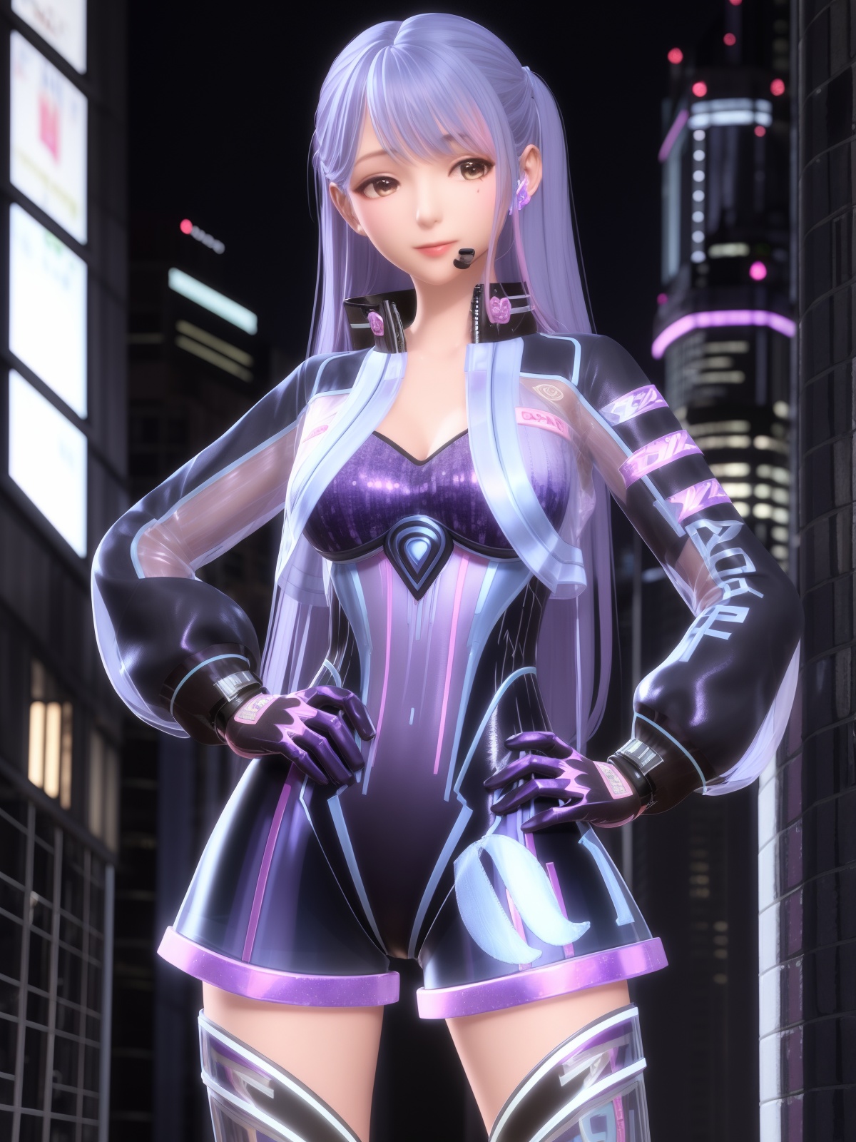 SYNNzhufengxuanying, 1girl, solo, see-through, thighhighs, long hair, gloves, brown eyes, looking at viewer, purple hair, breasts, headset,blue hair,open jacket, dress, high heels,  <lora:SYNNzhufengxuanying:0.75>,cityscape, night,hand on hip, 