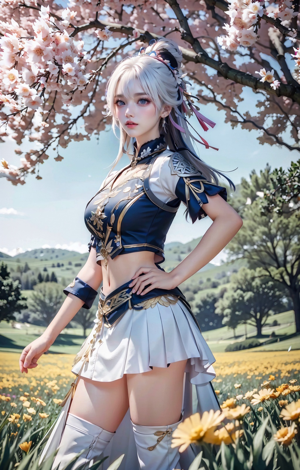 a woman in a costume standing in a field of flowers with her hands on her hips and her hair blowing in the wind,Du Qiong,final fantasy,a character portrait,fantasy art,absurdres,highres,wallpaper,colorful,thick eyebrows,pupils,bright_pupils,makeup,eyeshadow,lipstick,long_eyelashes,mascara,face_focus,eyes_focus,front view,looking_at_viewer,<lora:王者荣耀-杨玉环:0.9>,